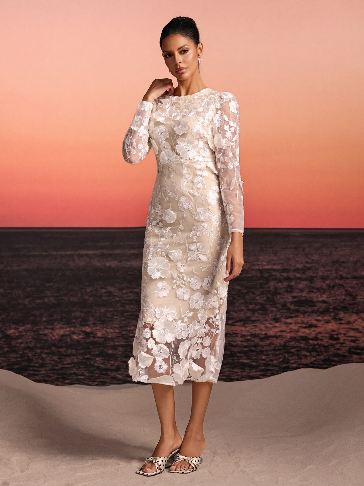 Brenik Embroidered Flower Midi Dress