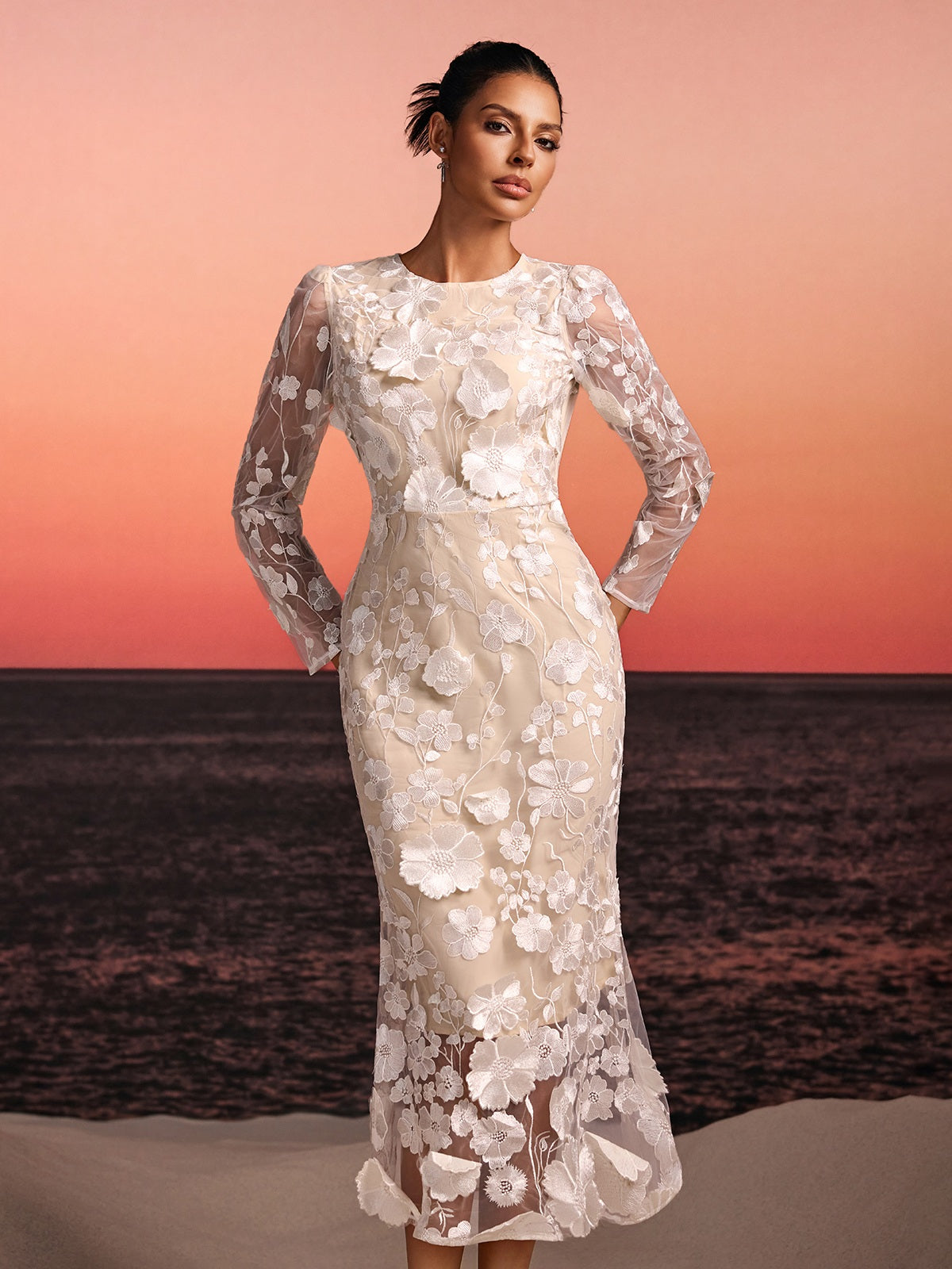 Brenik Embroidered Flower Midi Dress