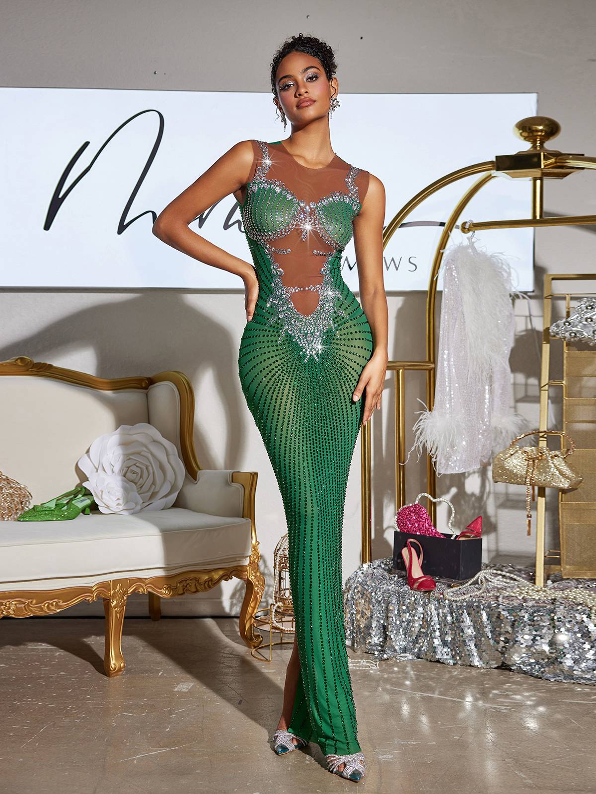 Brody Printed Rhinestone Split Maxi Dress In Green