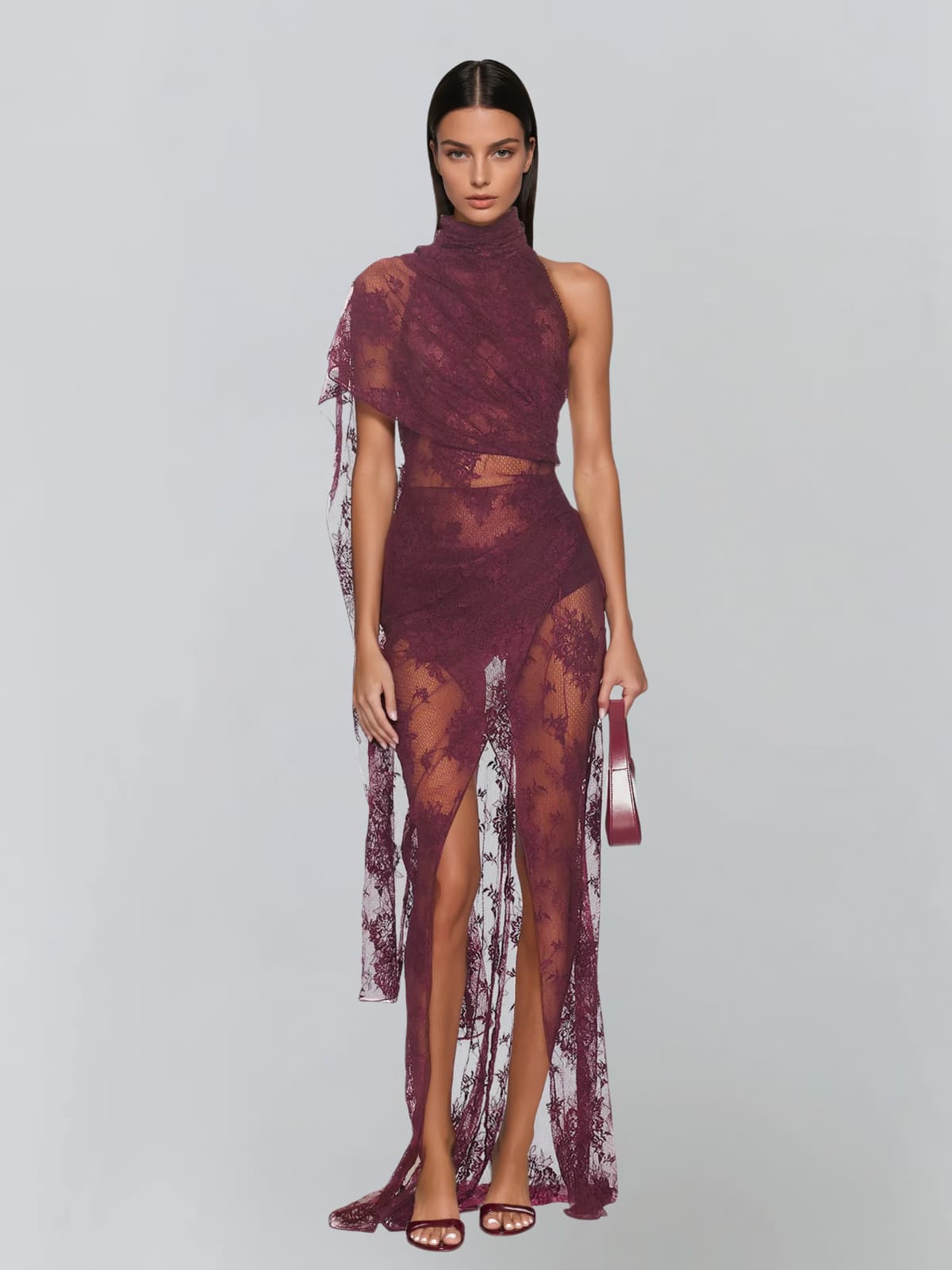 Caedrix High Neck Lace Split Maxi Dress