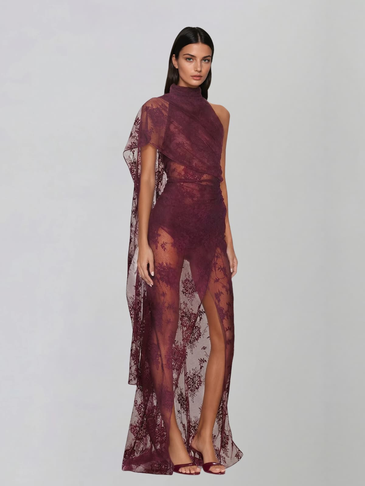 Caedrix High Neck Lace Split Maxi Dress