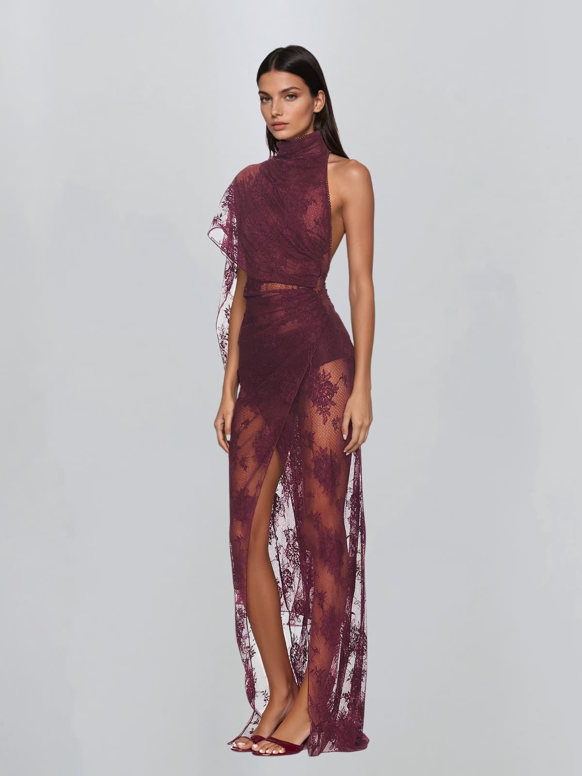 Caedrix High Neck Lace Split Maxi Dress