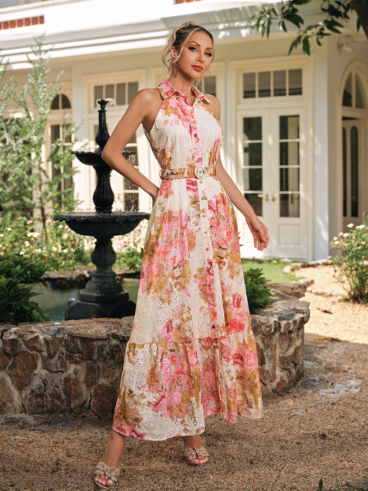 Caelira Folded Collar Printed Maxi Dress