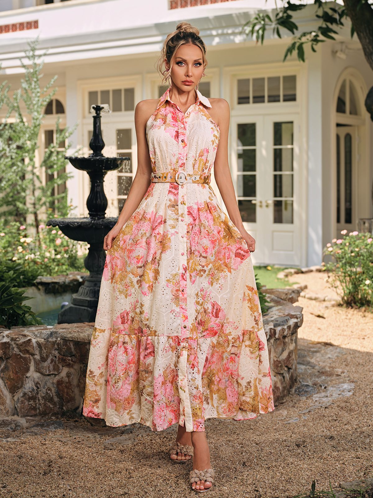 Caelira Folded Collar Printed Maxi Dress