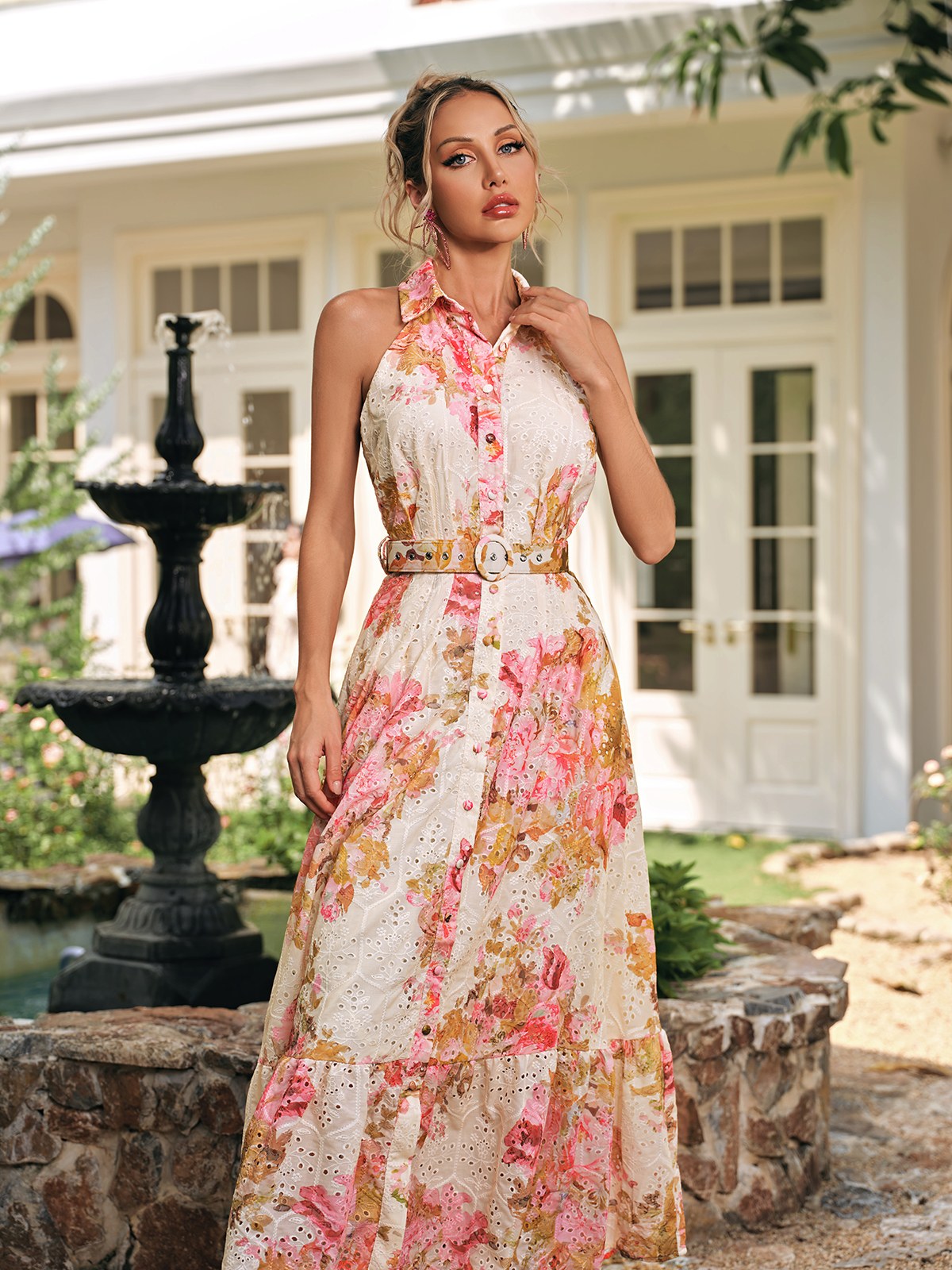 Caelira Folded Collar Printed Maxi Dress