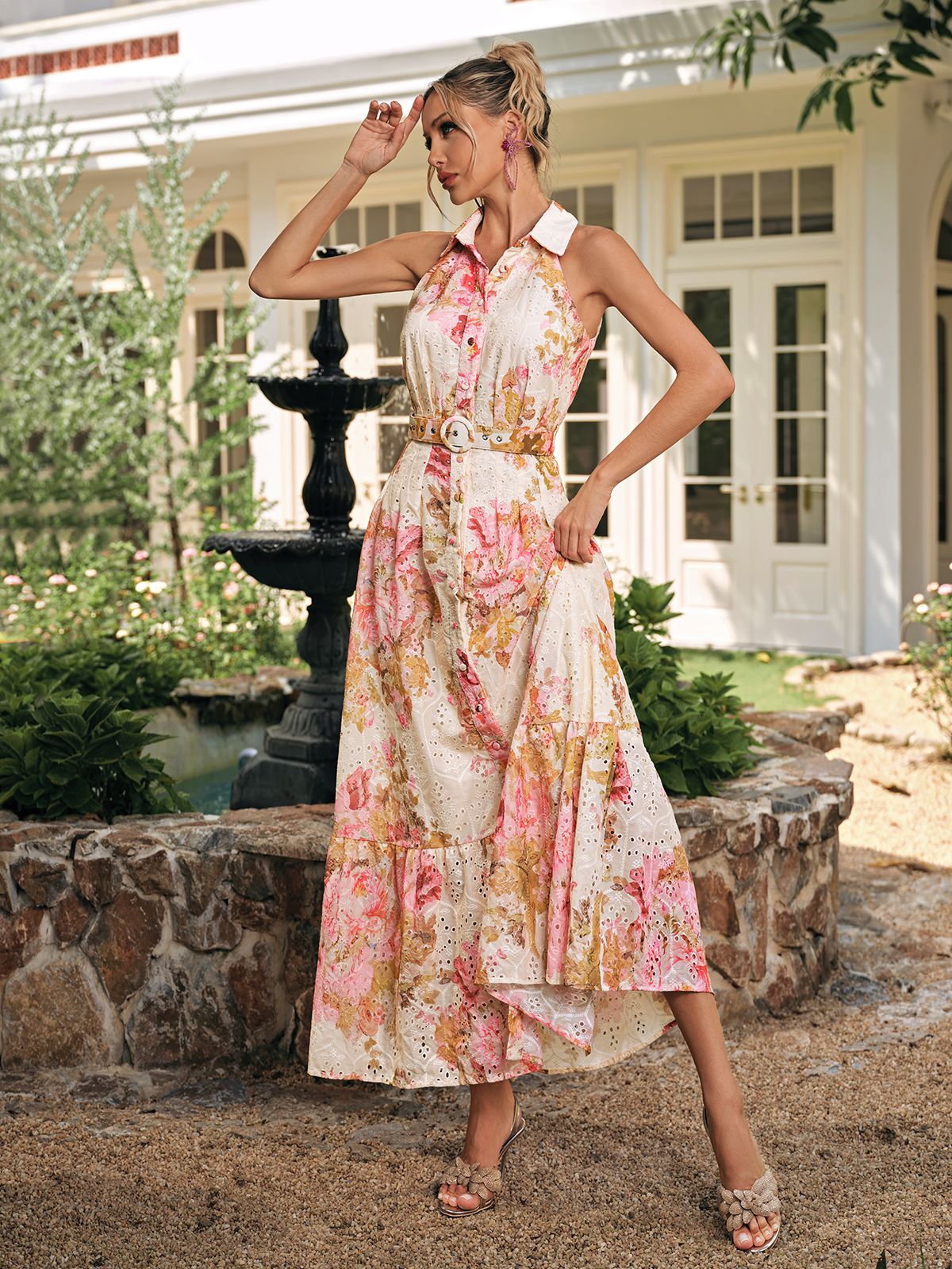 Caelira Folded Collar Printed Maxi Dress