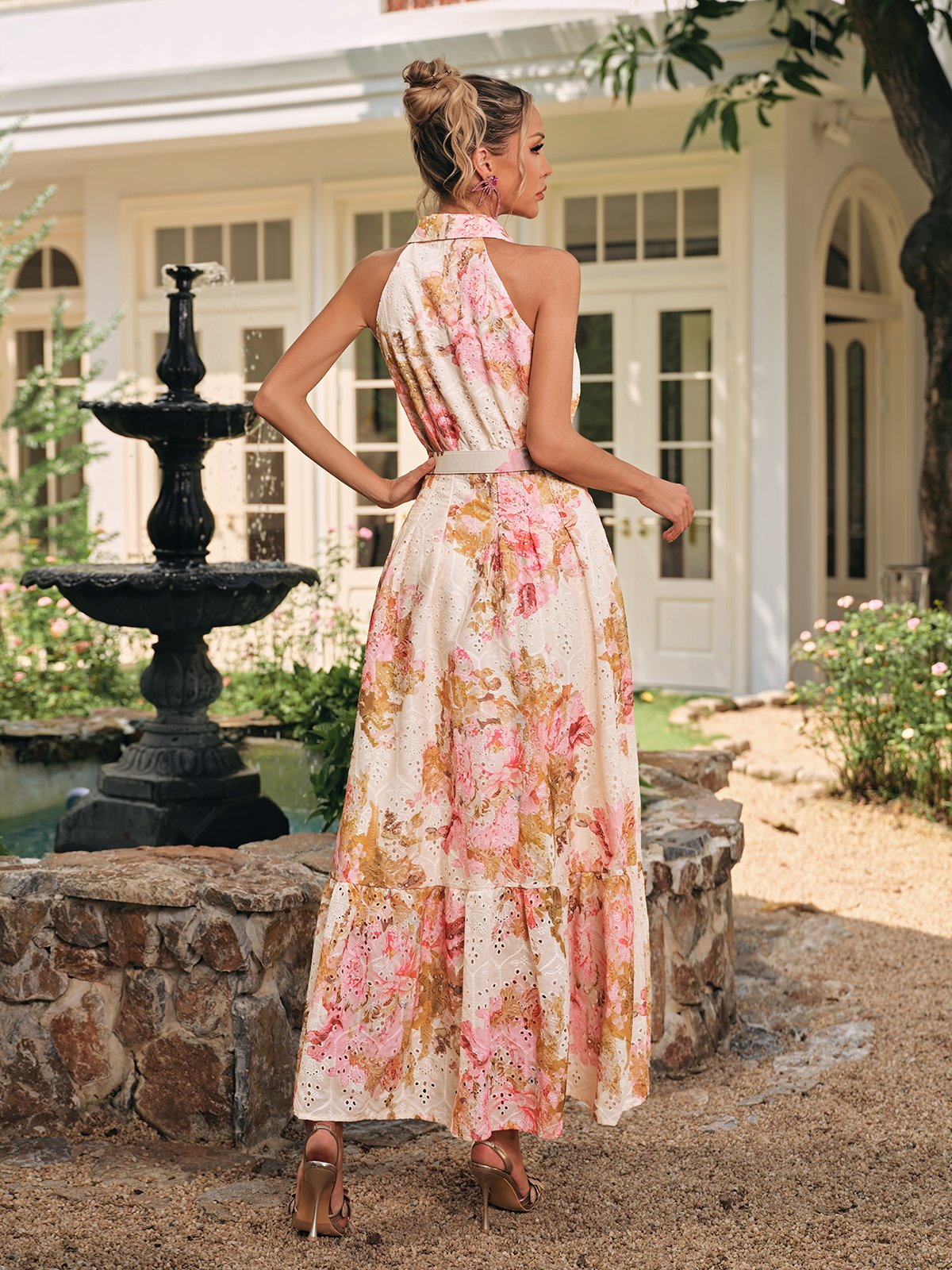 Caelira Folded Collar Printed Maxi Dress