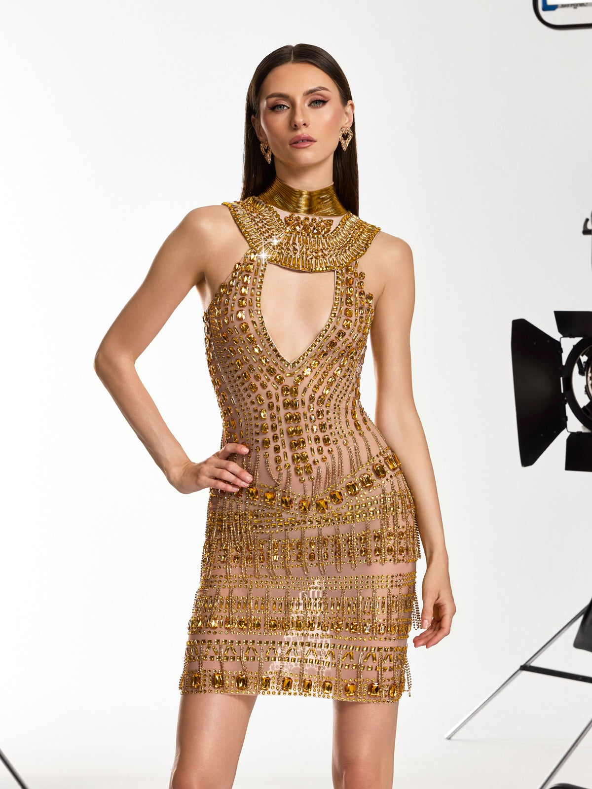 Caelite Fringe Cutout Embellished Mini Dress In Gold