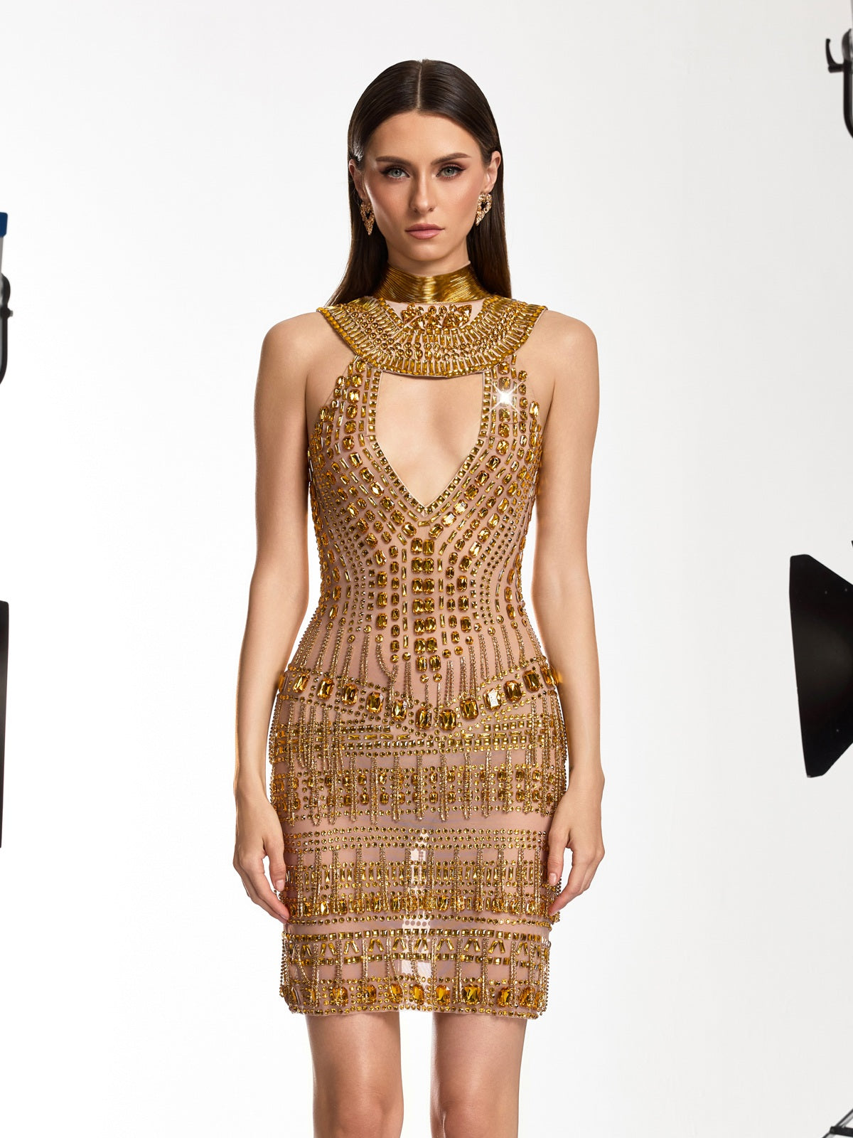 Caelite Fringe Cutout Embellished Mini Dress In Gold