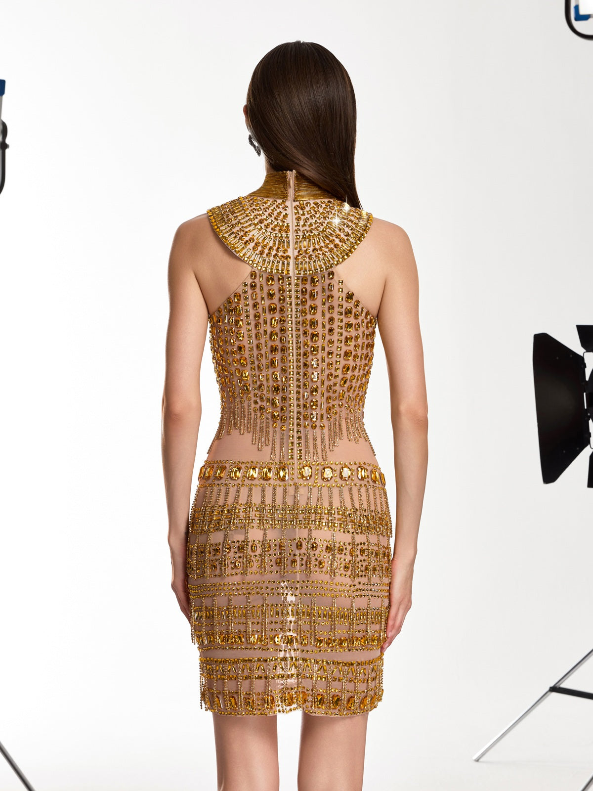 Caelite Fringe Cutout Embellished Mini Dress In Gold