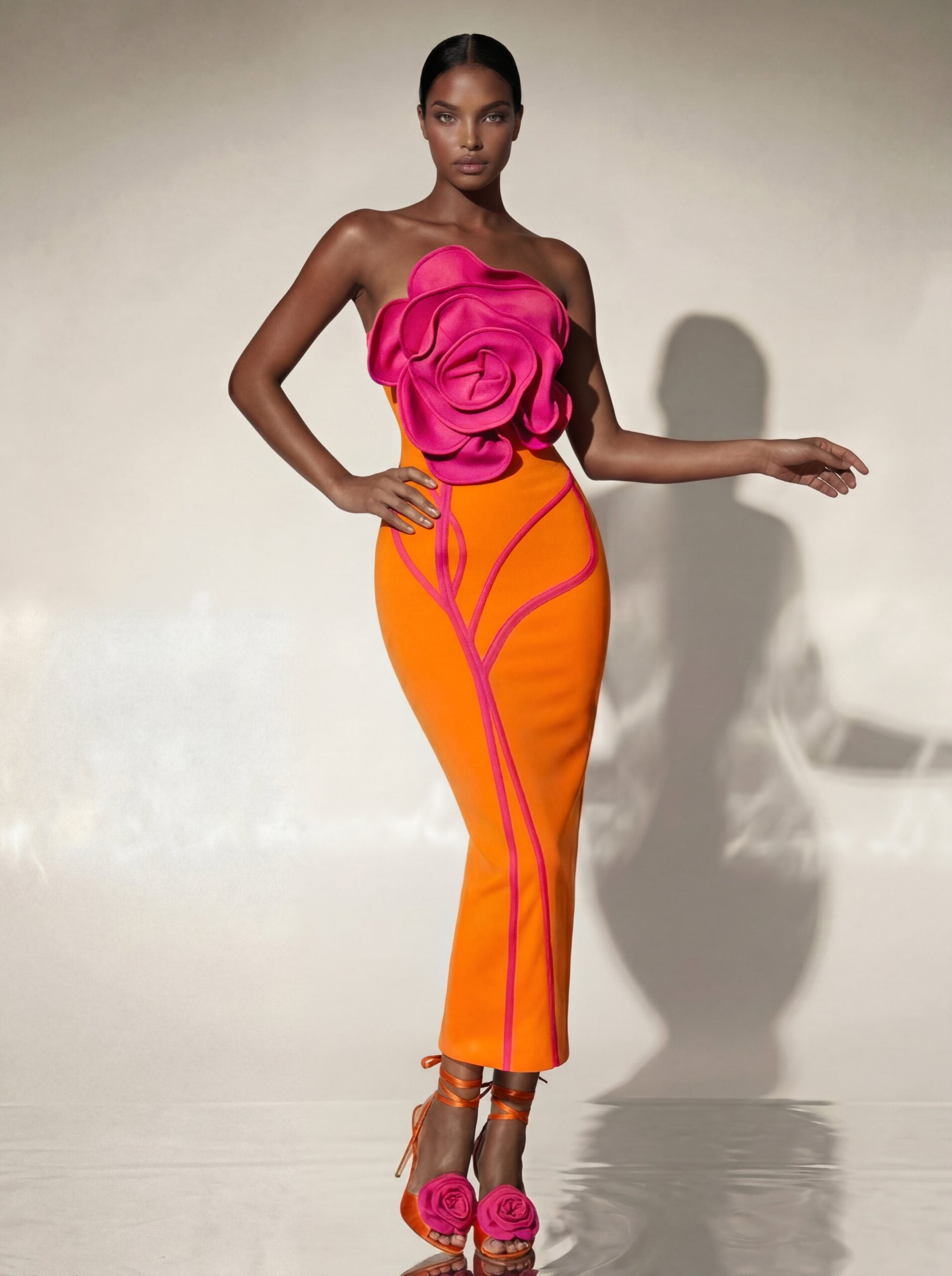 Caldren Strapless Flower Bandage Midi Dress