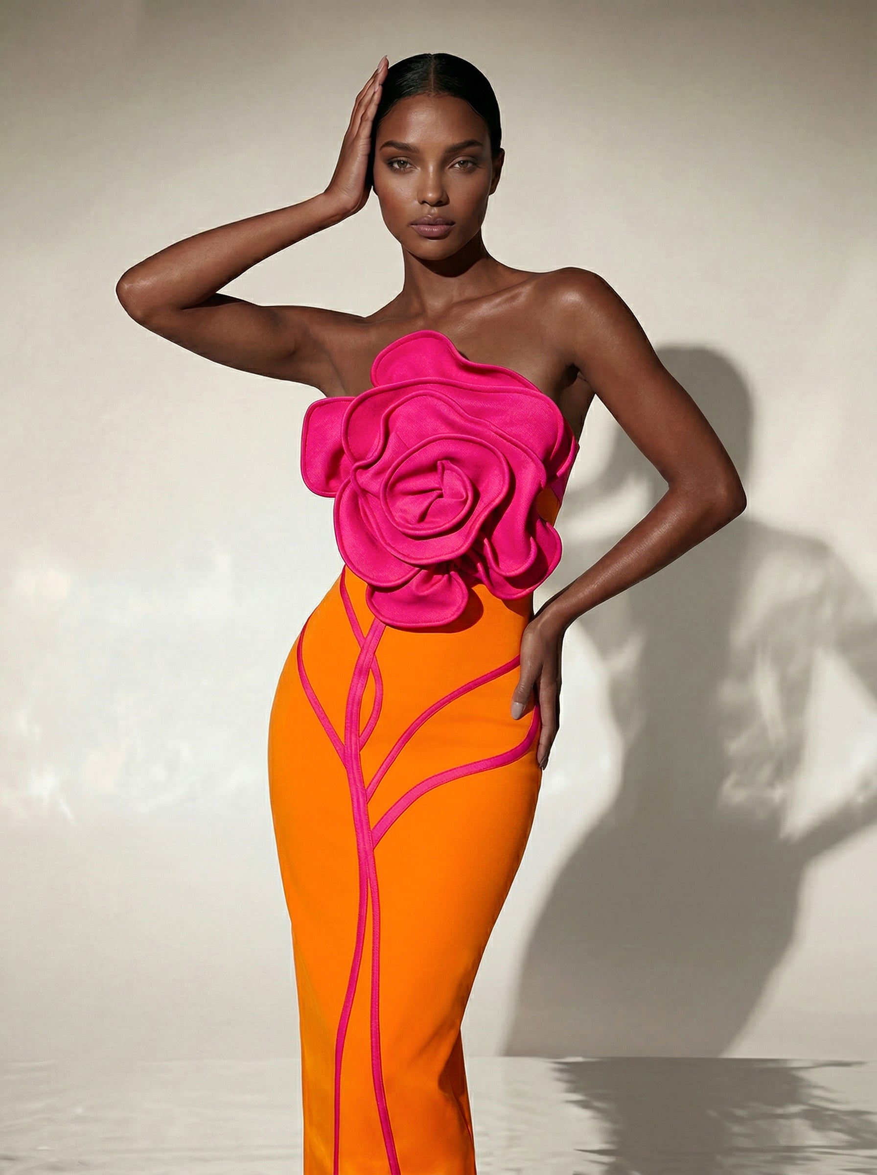 Caldren Strapless Flower Bandage Midi Dress