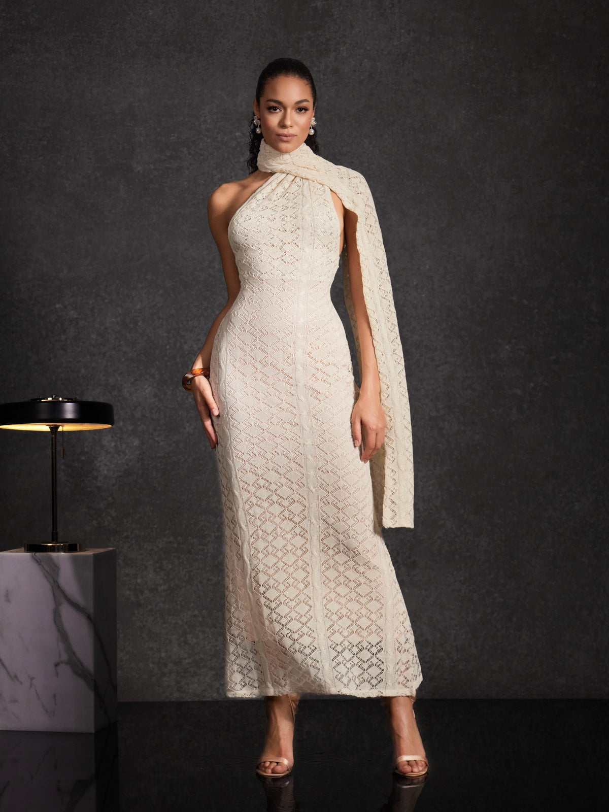 Calore Backless Shawl Cutout Maxi Dress In Apricot