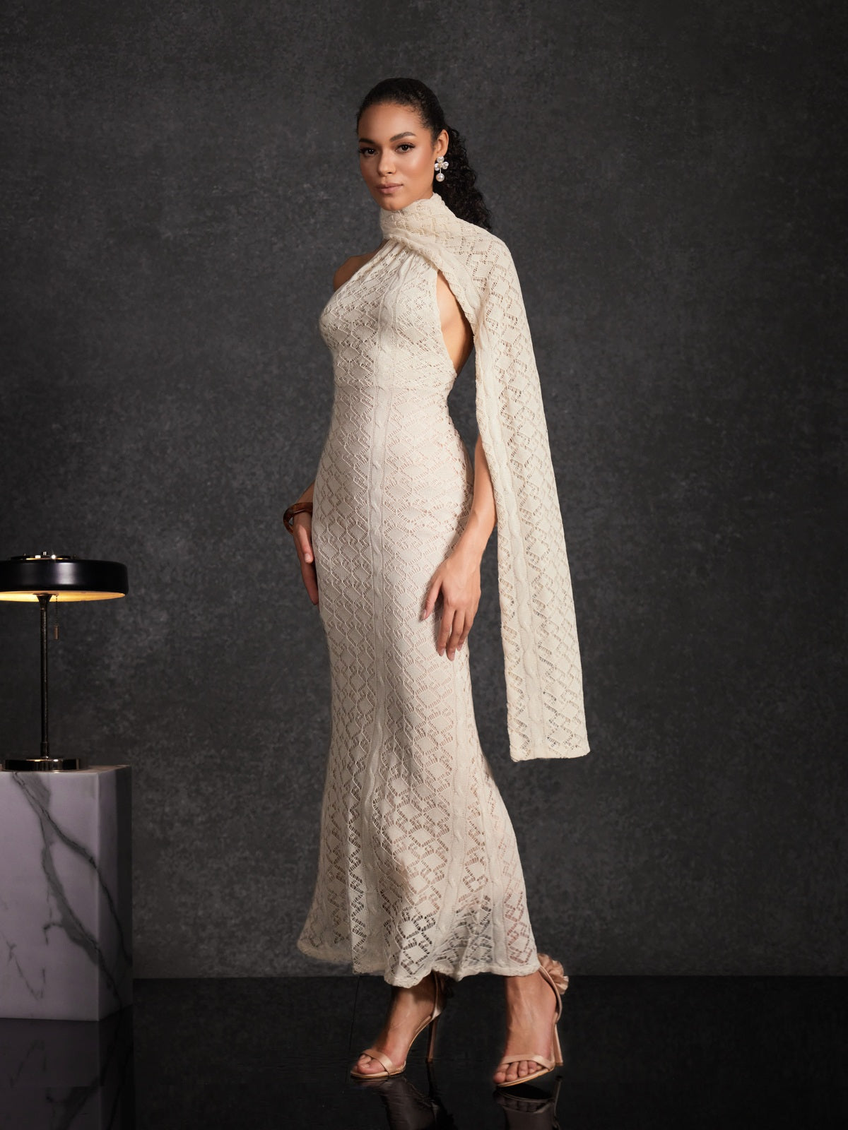 Calore Backless Shawl Cutout Maxi Dress In Apricot