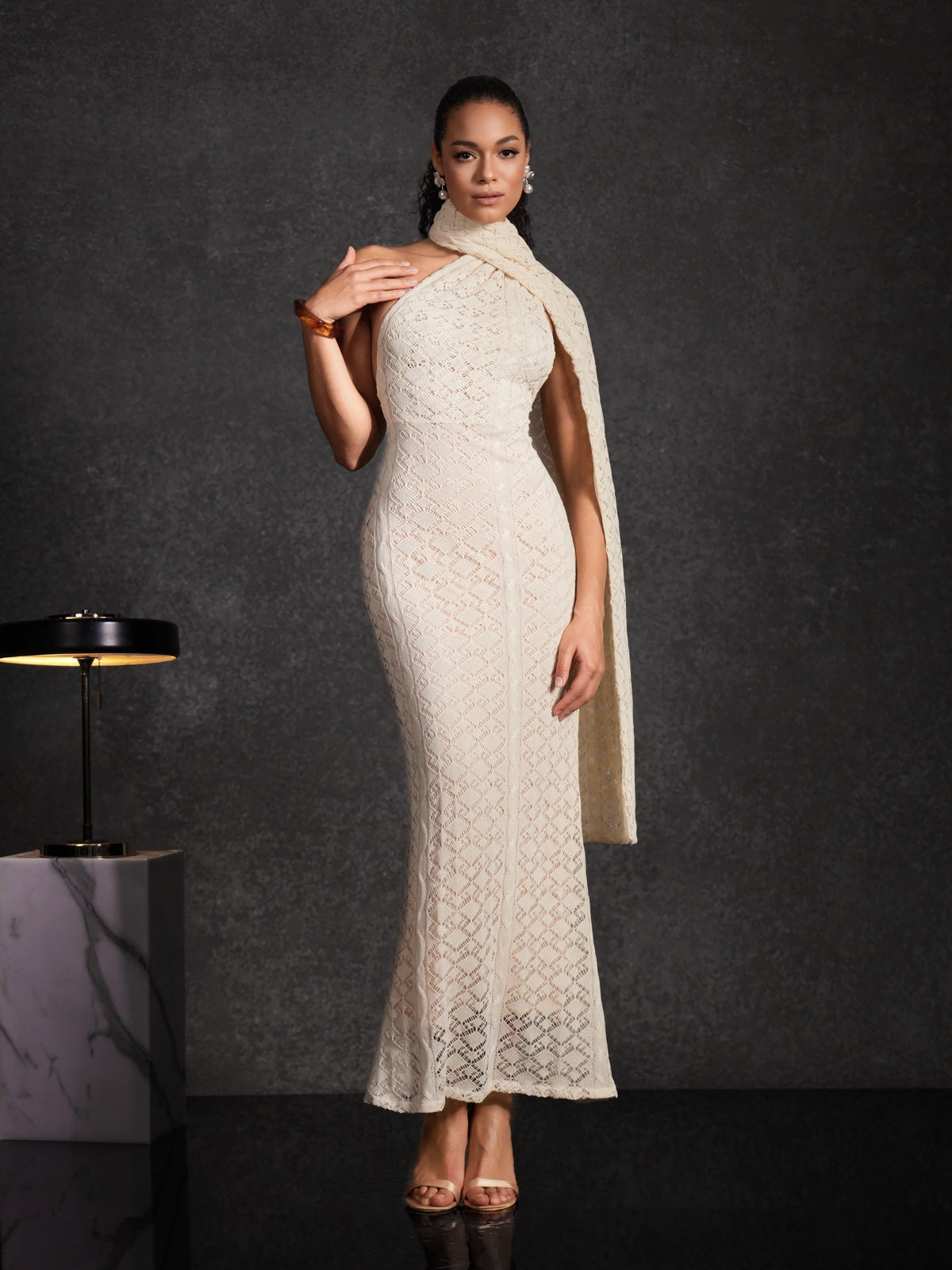 Calore Backless Shawl Cutout Maxi Dress In Apricot