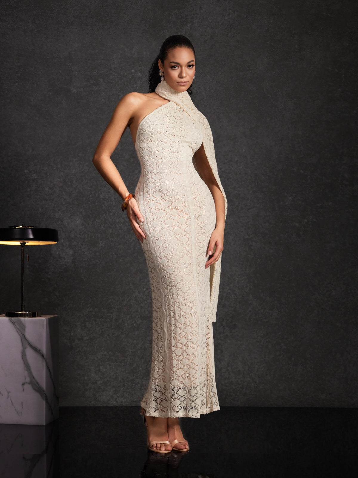 Calore Backless Shawl Cutout Maxi Dress In Apricot