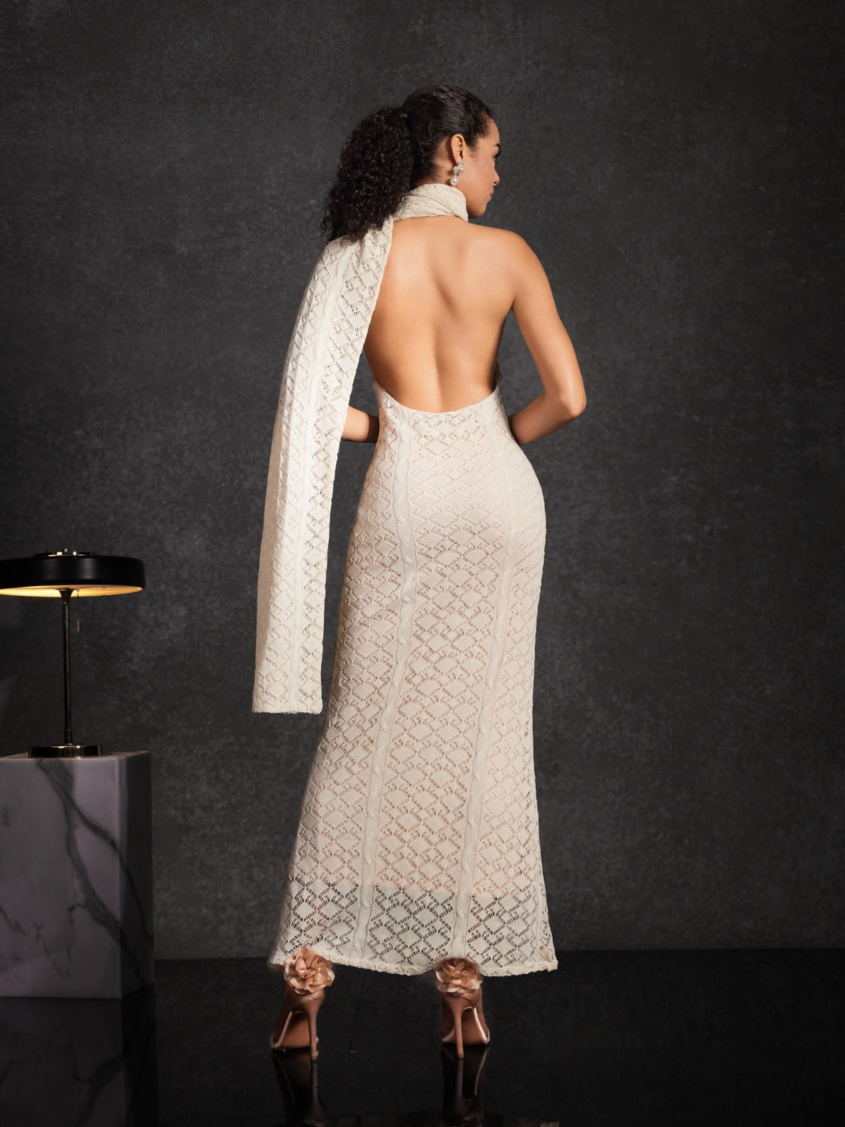 Calore Backless Shawl Cutout Maxi Dress In Apricot
