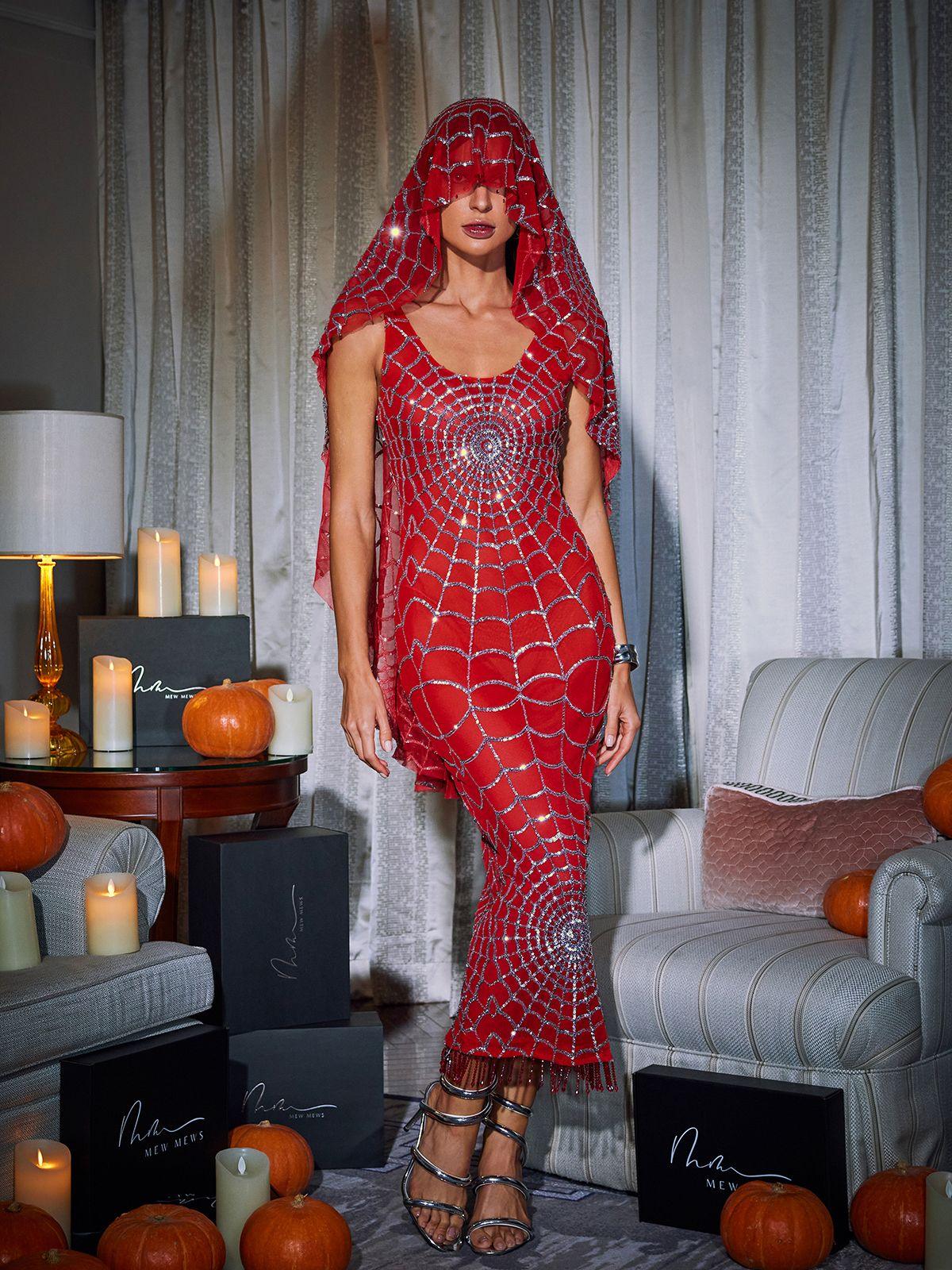 Calyx Scoop Neck Cobweb Sequin Midi Dress In Red