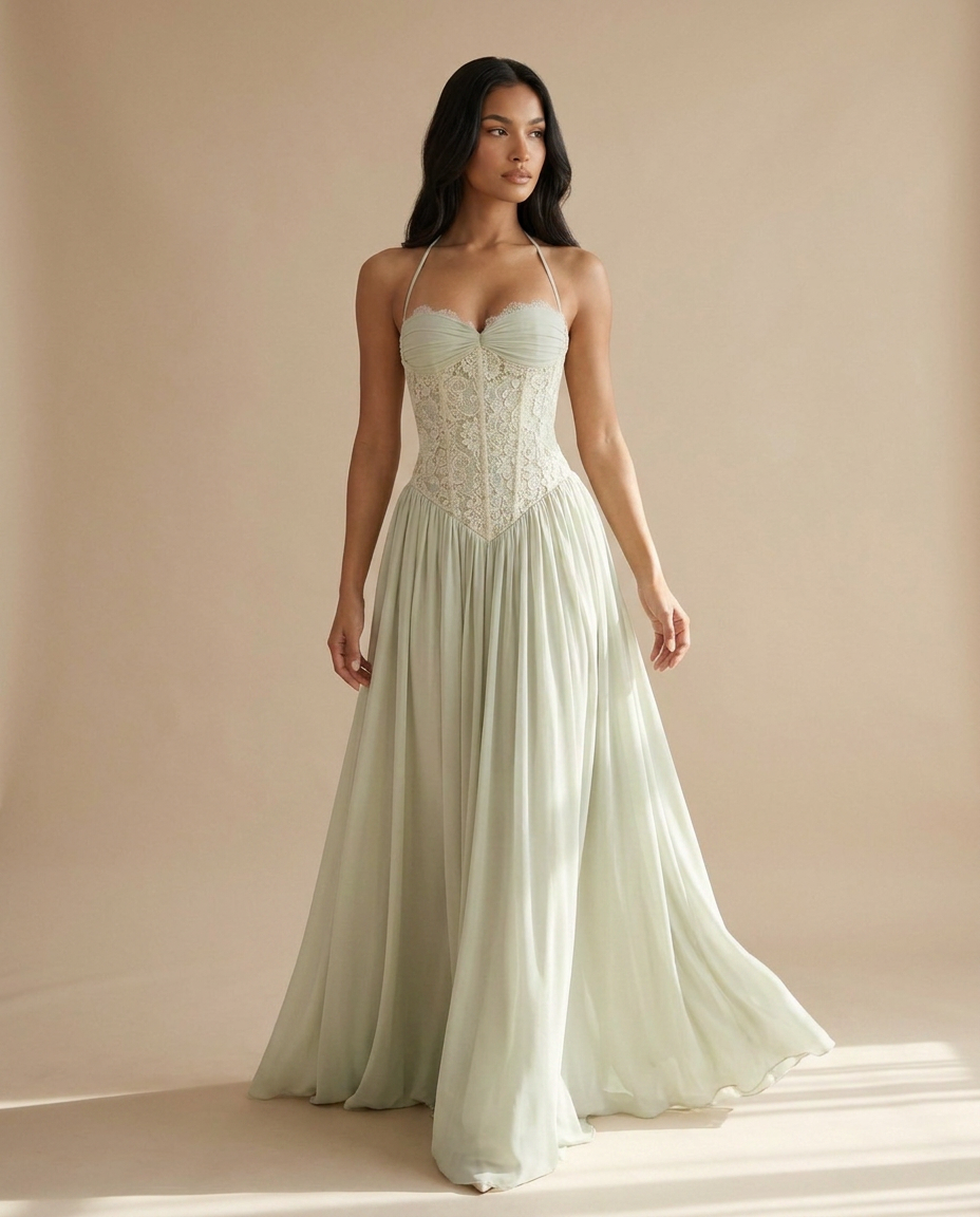 Celestina Halterneck Lace Maxi Dress In Green