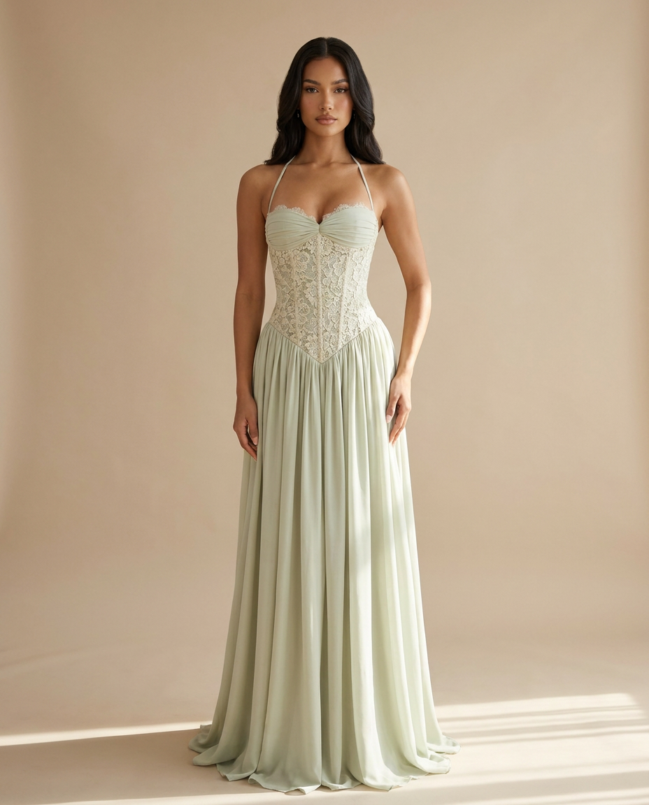 Celestina Halterneck Lace Maxi Dress In Green
