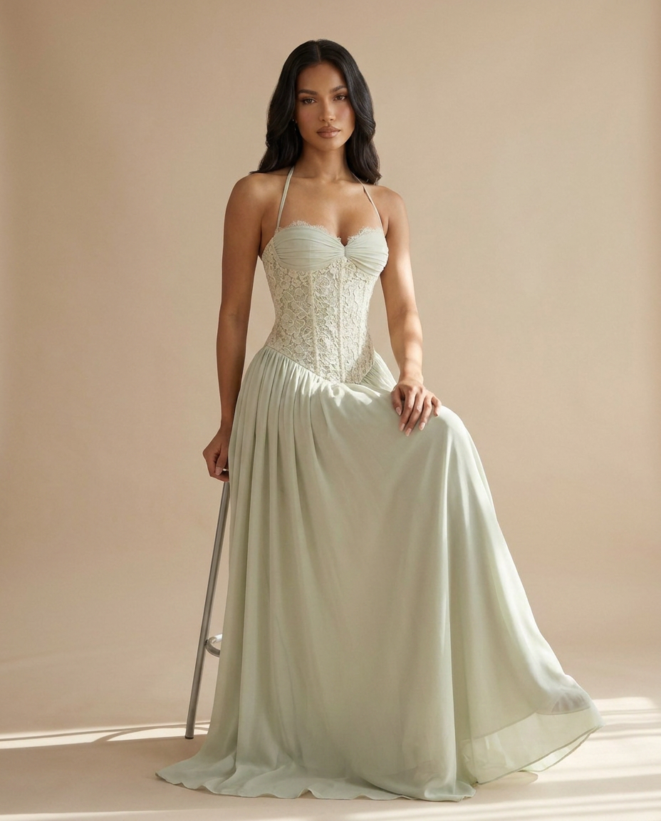 Celestina Halterneck Lace Maxi Dress In Green
