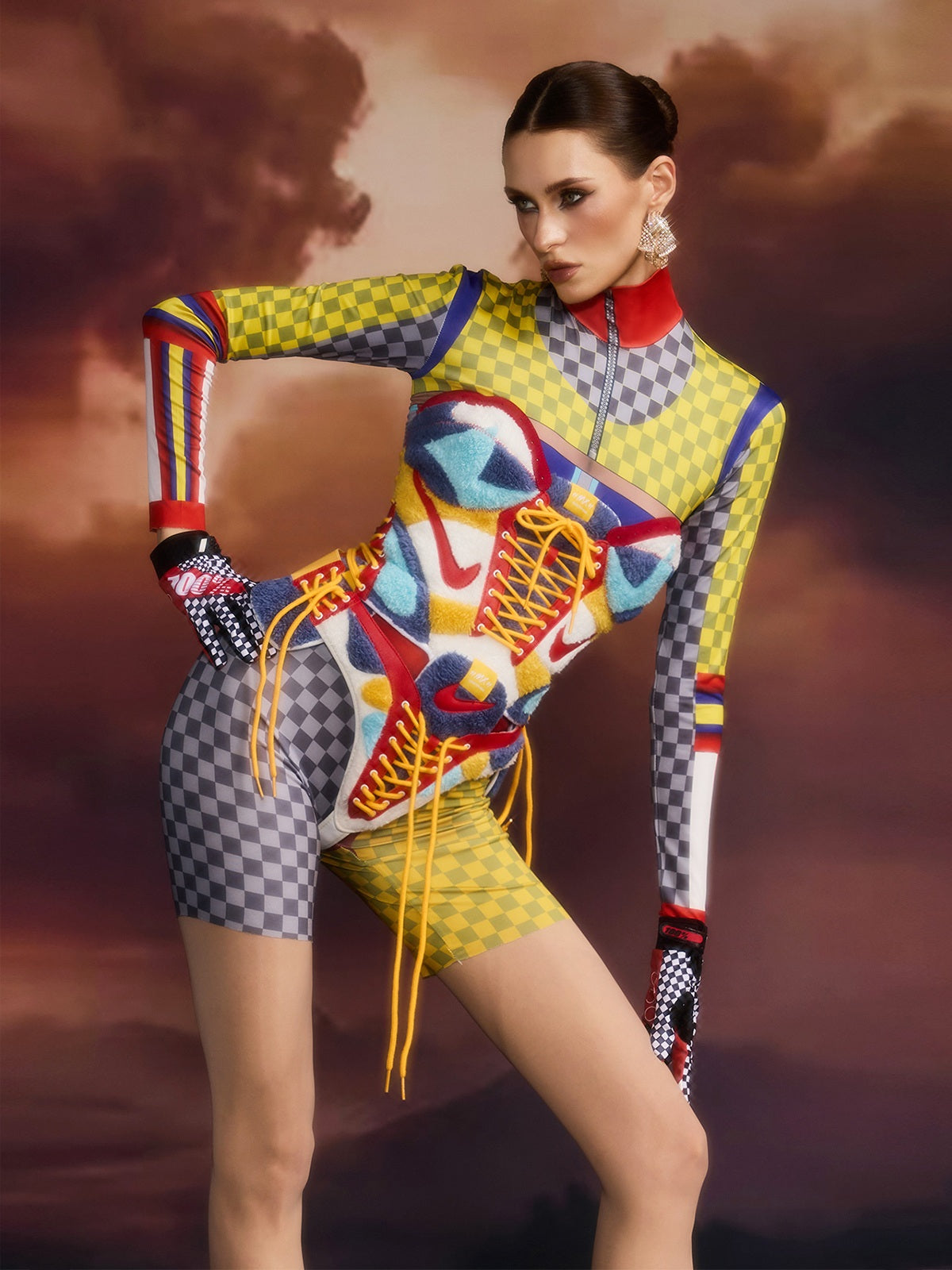 Cellini Lace Up Printed Bodysuit Set