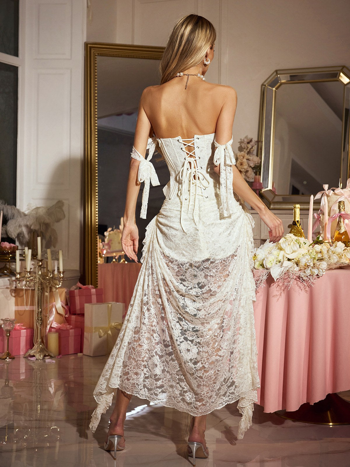 Cexila Strapless Lace Pearl Skirt Set