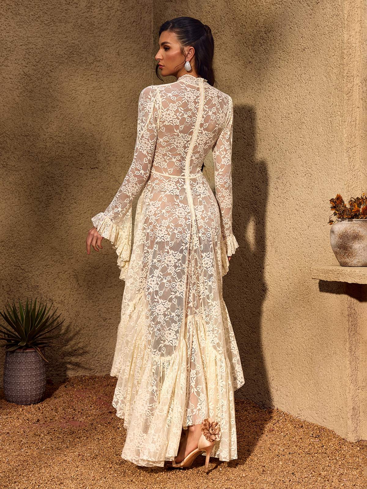 Chainey Bell Sleeve Cutout Lace Maxi Dress