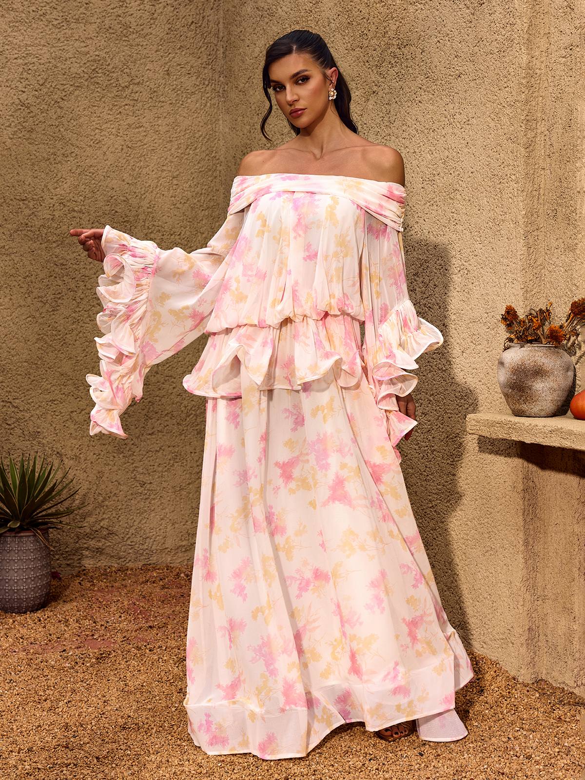 Chanton Off Shoulder Floral Ruffle Maxi Dress