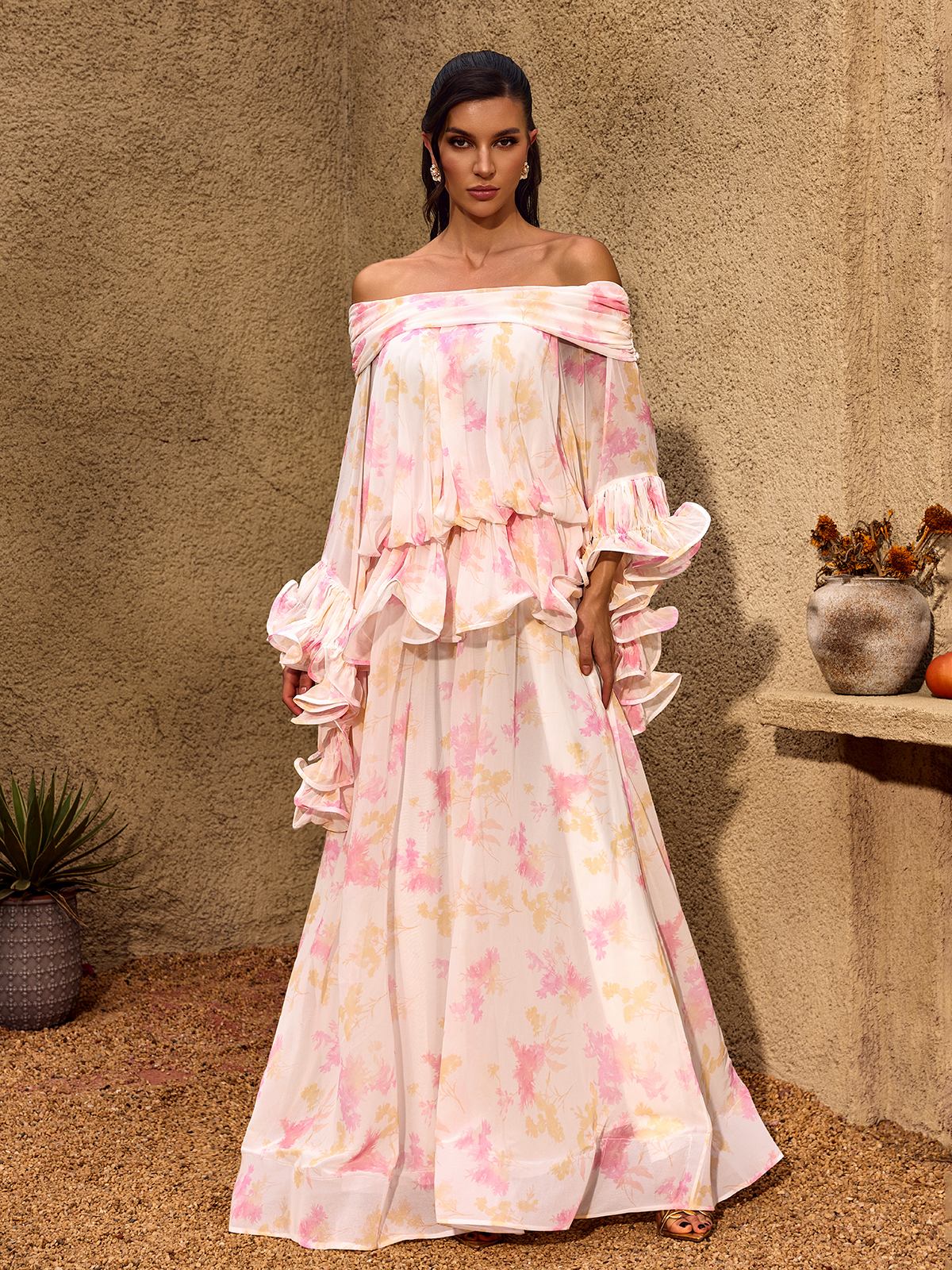 Chanton Off Shoulder Floral Ruffle Maxi Dress