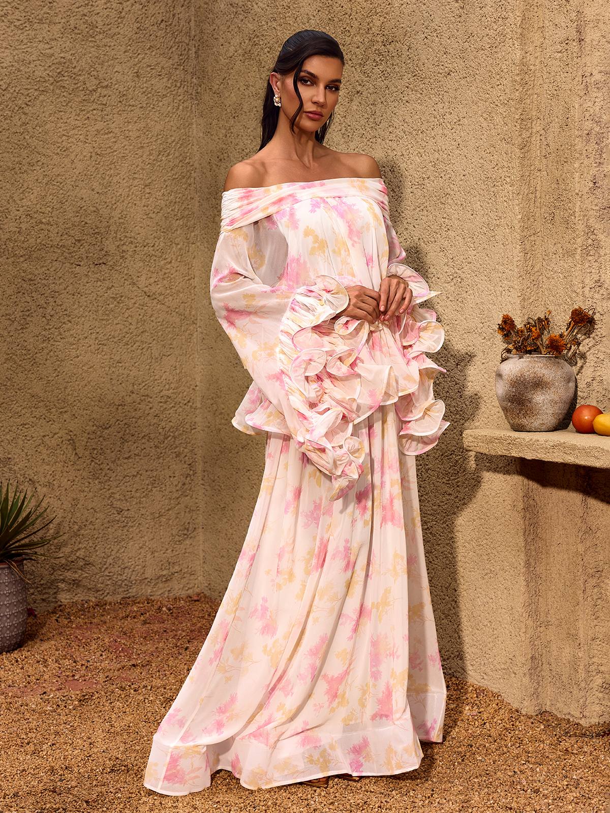 Chanton Off Shoulder Floral Ruffle Maxi Dress