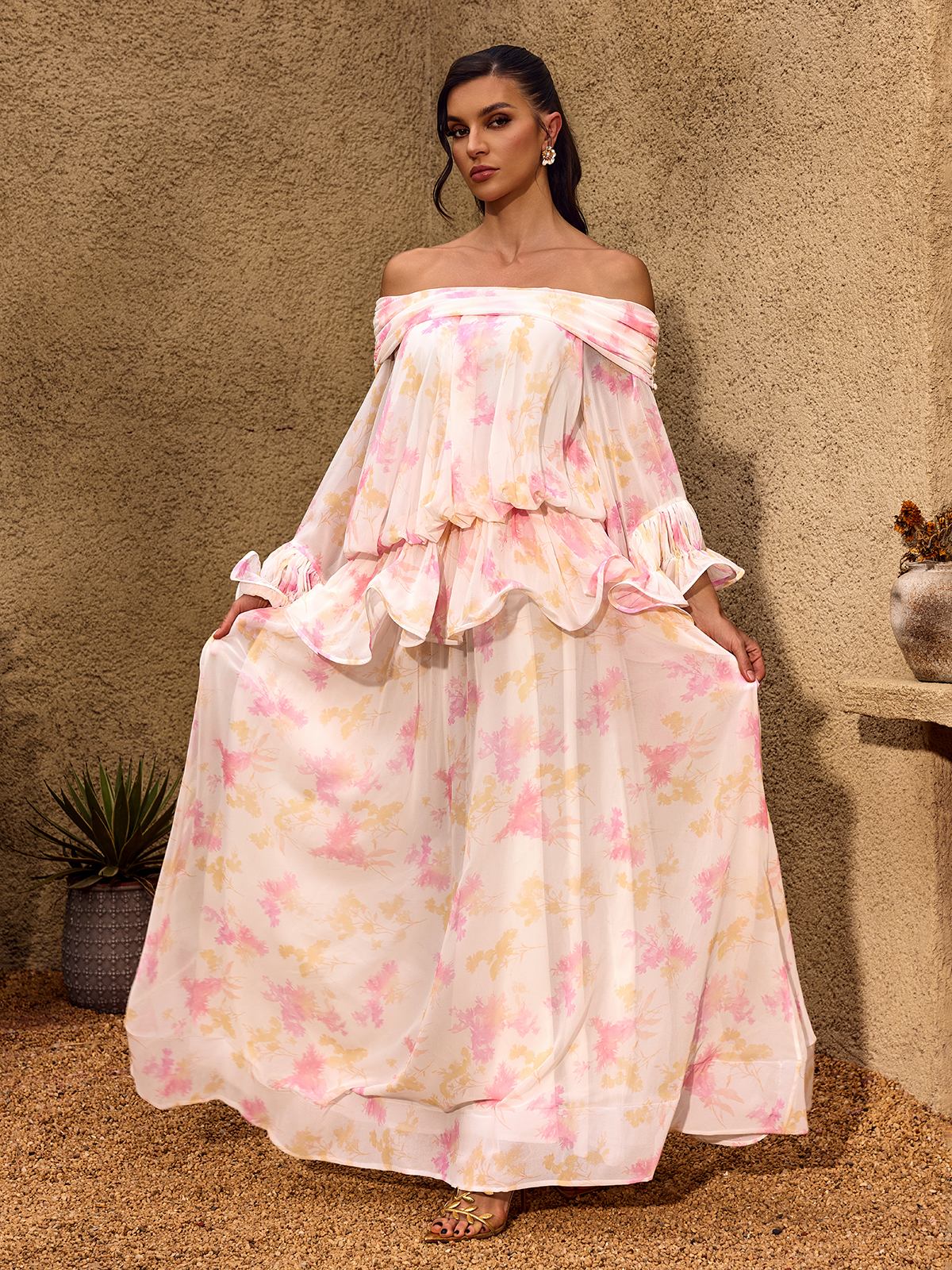 Chanton Off Shoulder Floral Ruffle Maxi Dress