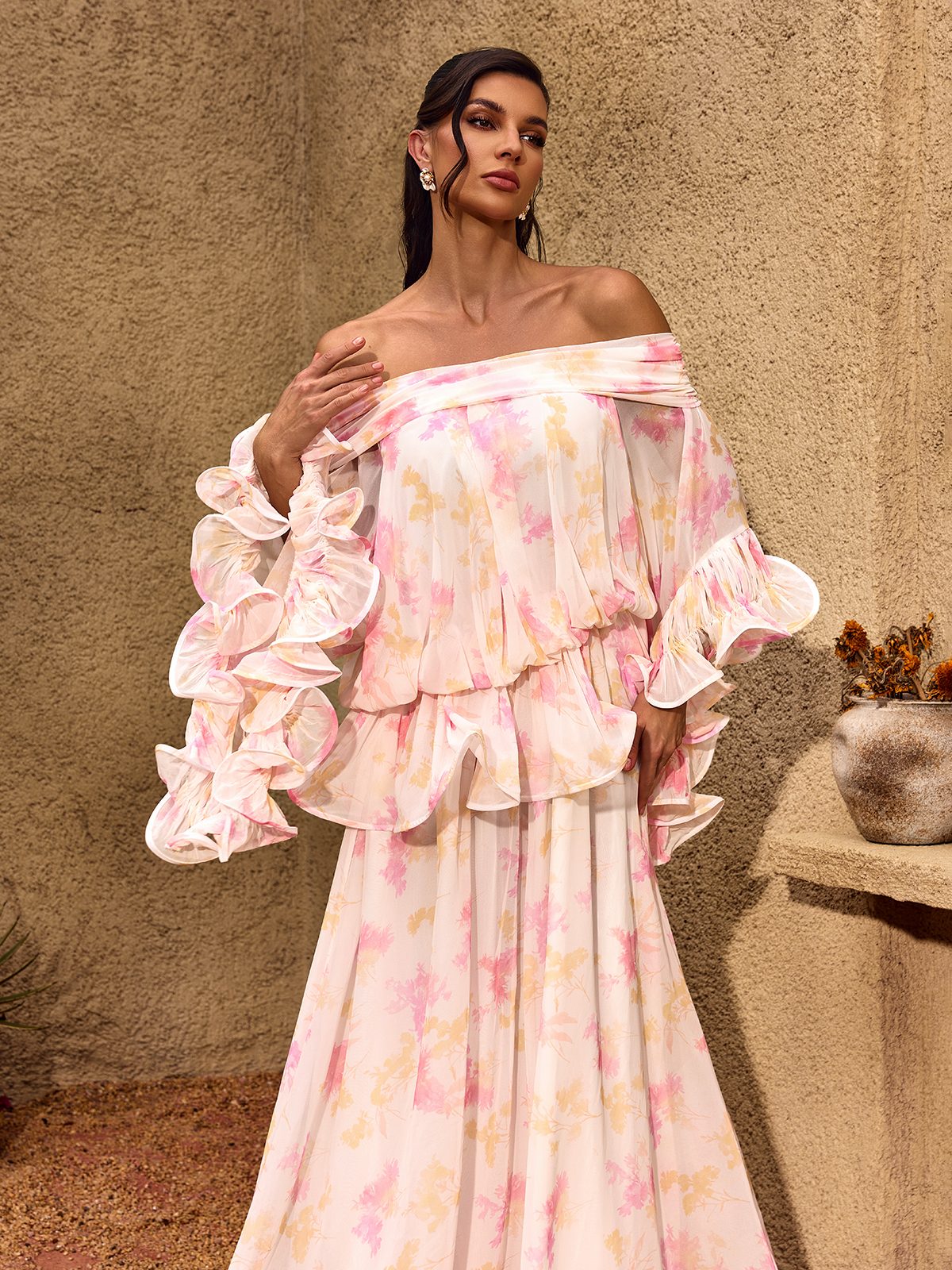 Chanton Off Shoulder Floral Ruffle Maxi Dress