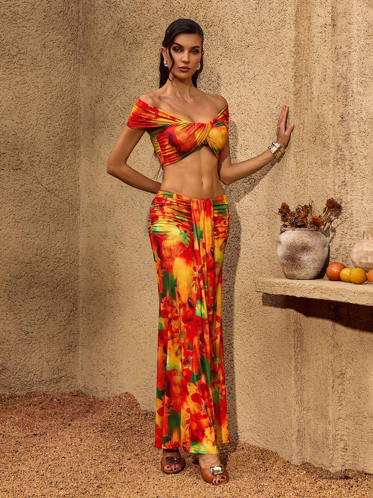 Charan Off Shoulder Crop Ruched Floral Skirt Set