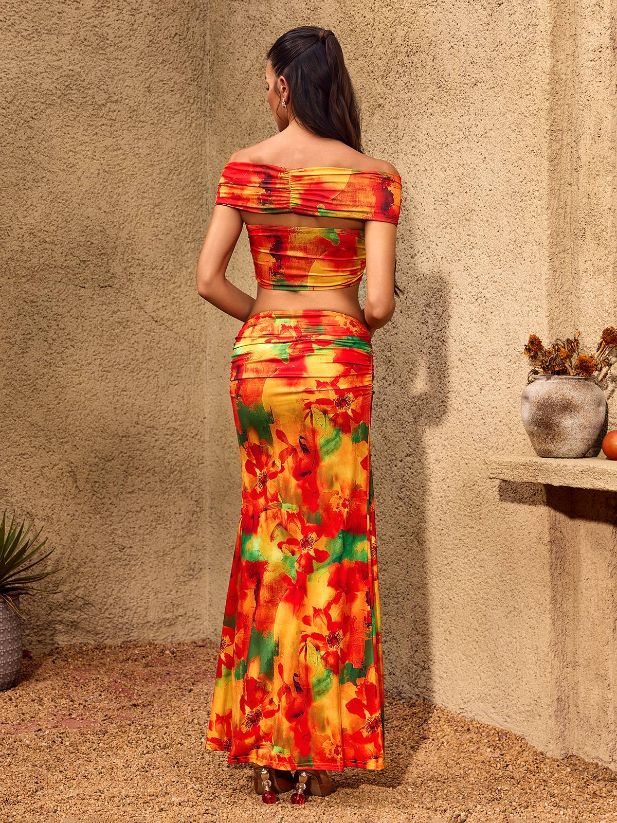 Charan Off Shoulder Crop Ruched Floral Skirt Set