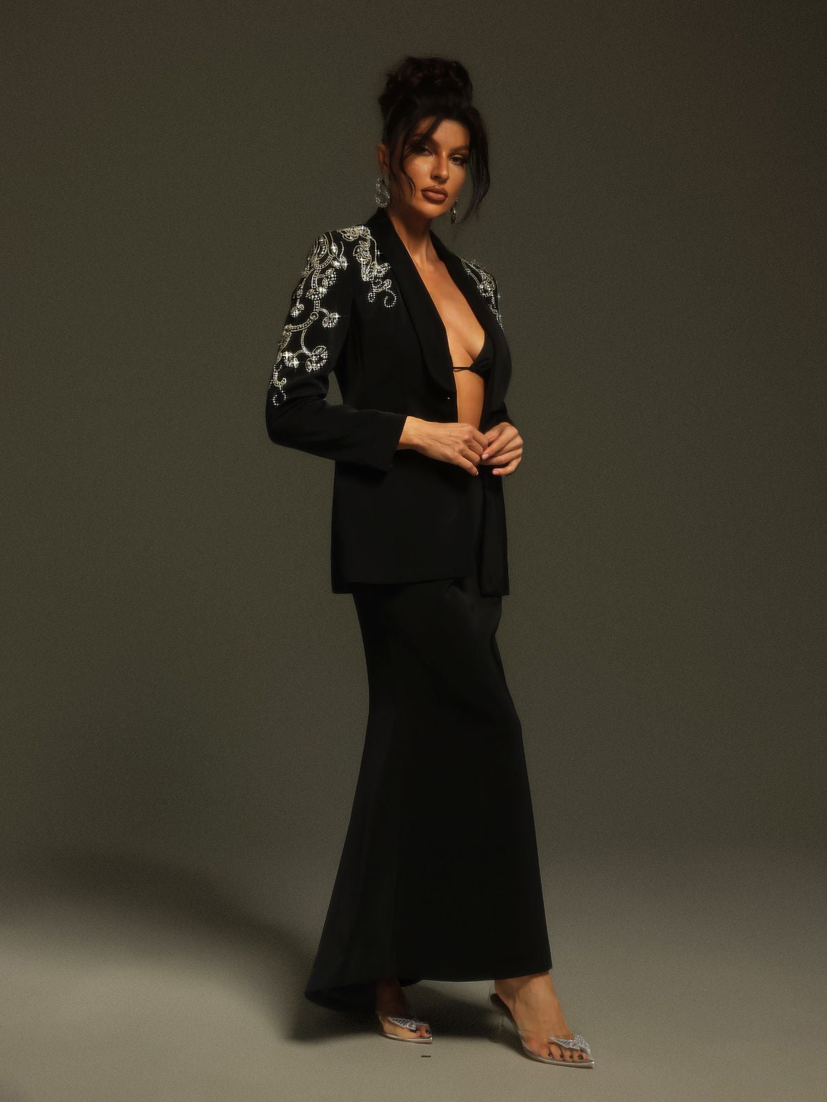 Charelle Long Sleeve Rhinestone Blazer Set