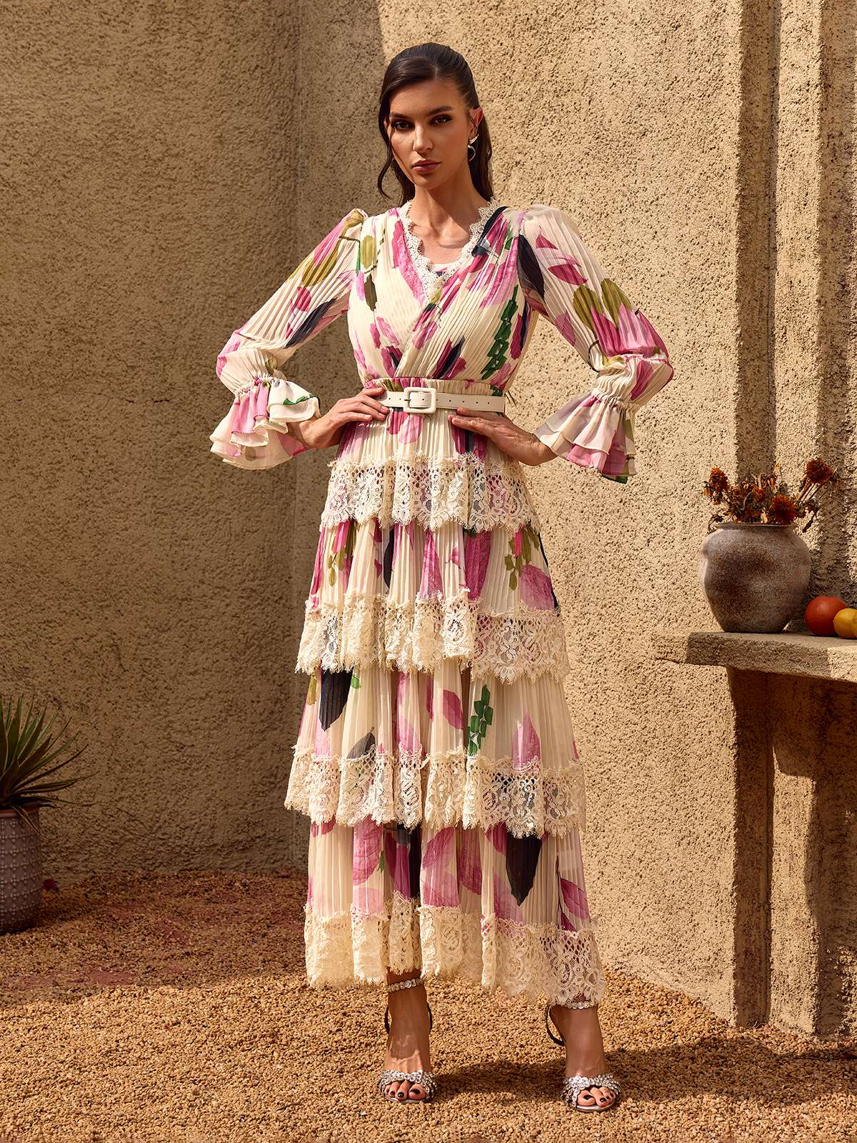 Charleen V Neck Floral Lace Tiered Maxi Dress