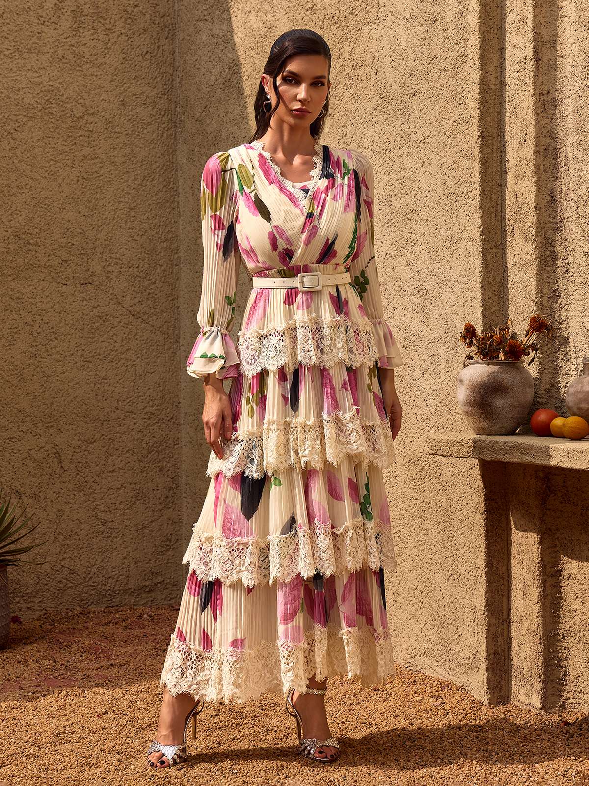 Charleen V Neck Floral Lace Tiered Maxi Dress