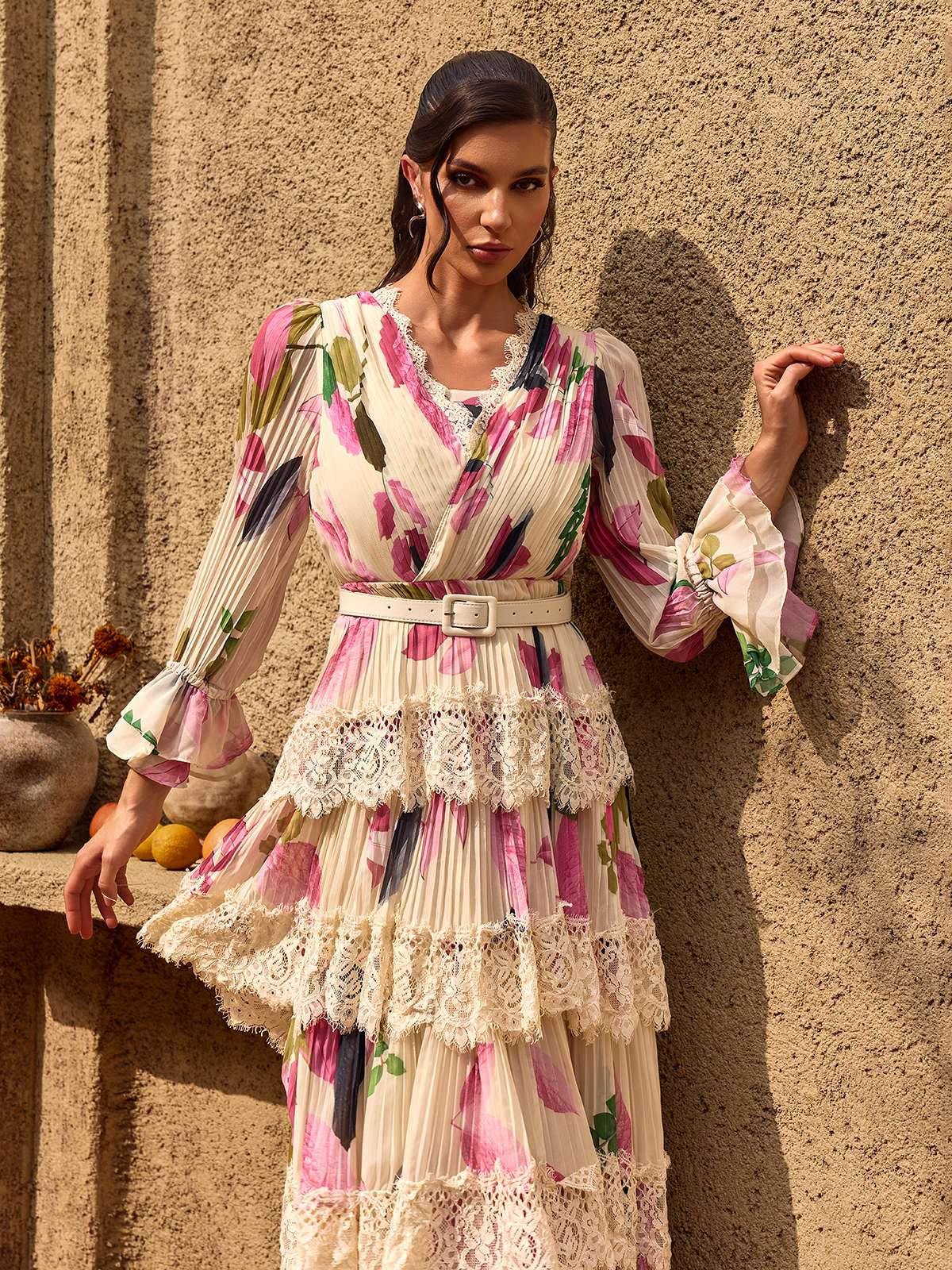 Charleen V Neck Floral Lace Tiered Maxi Dress
