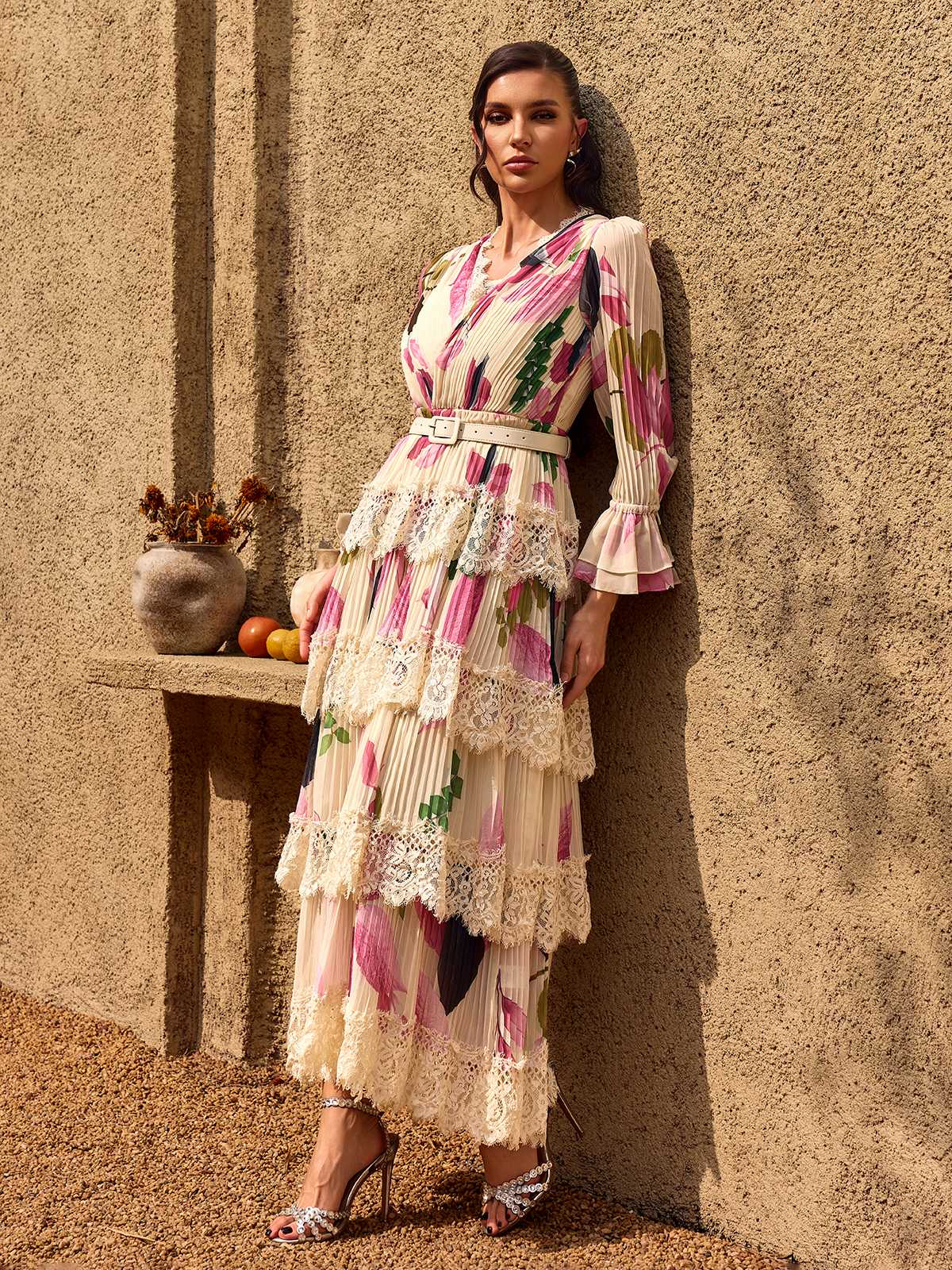 Charleen V Neck Floral Lace Tiered Maxi Dress