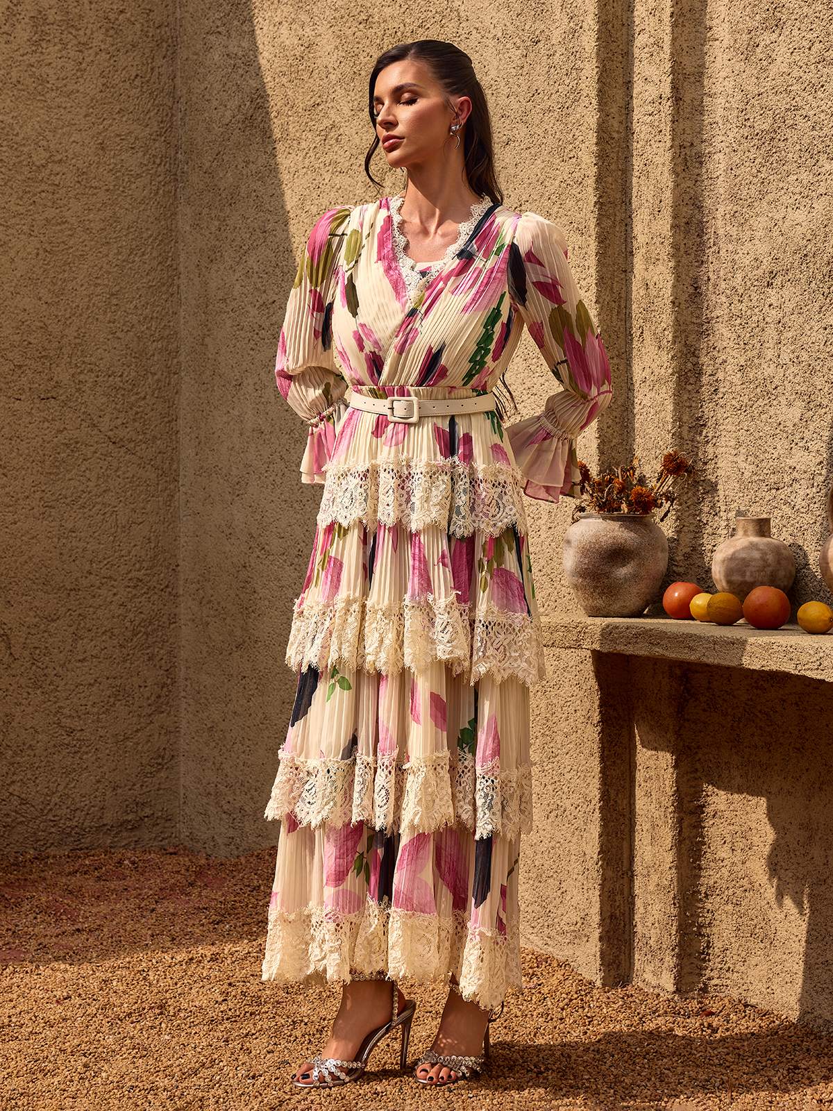 Charleen V Neck Floral Lace Tiered Maxi Dress