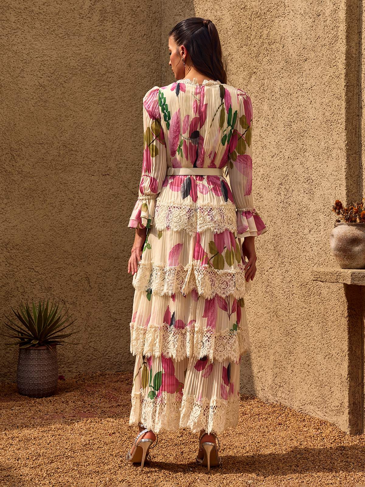 Charleen V Neck Floral Lace Tiered Maxi Dress