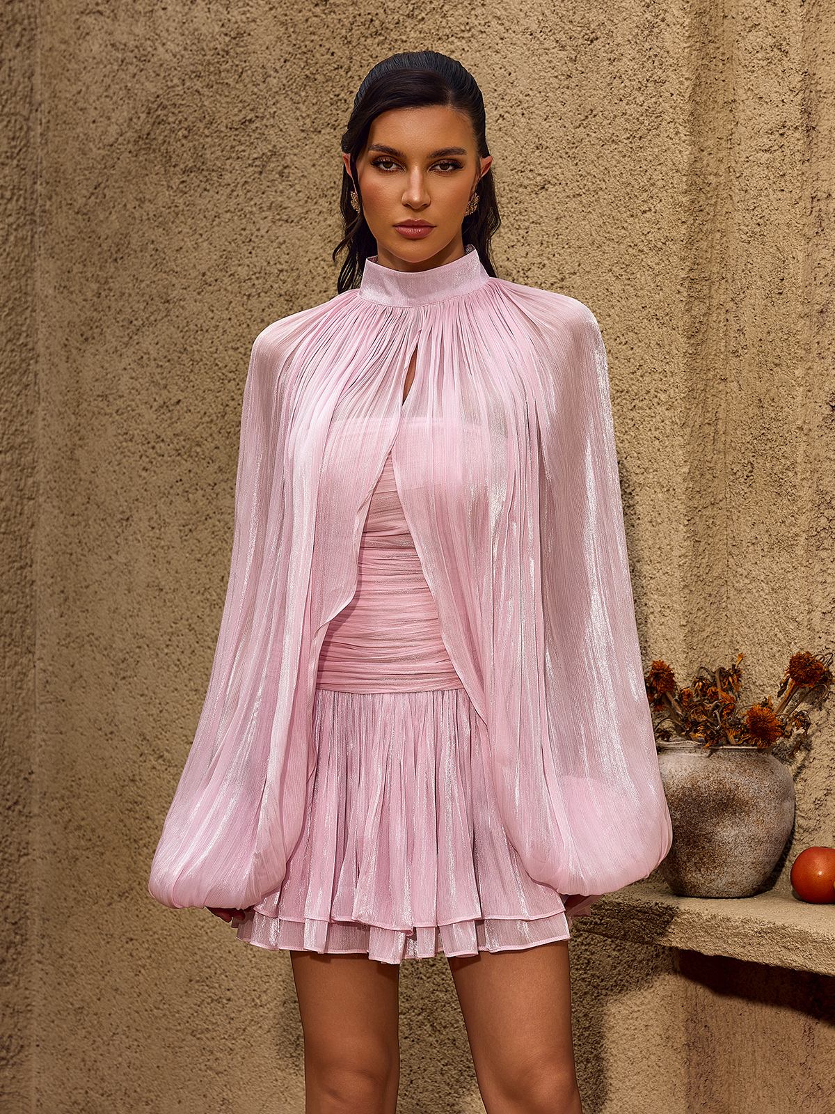 Charmaine Balloon Sleeve Ruched Ruffle Mini Dress