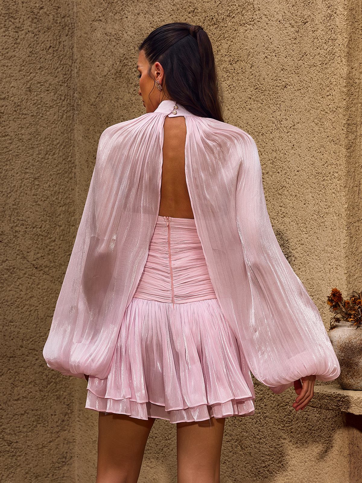 Charmaine Balloon Sleeve Ruched Ruffle Mini Dress