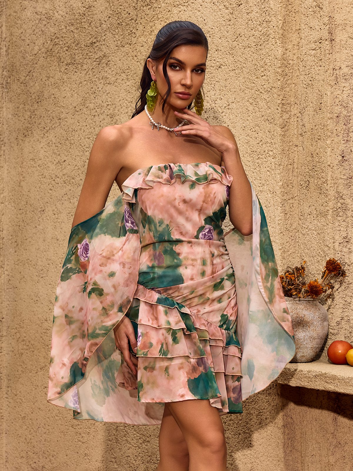 Chelan Cape Ruffle Floral Mini Dress