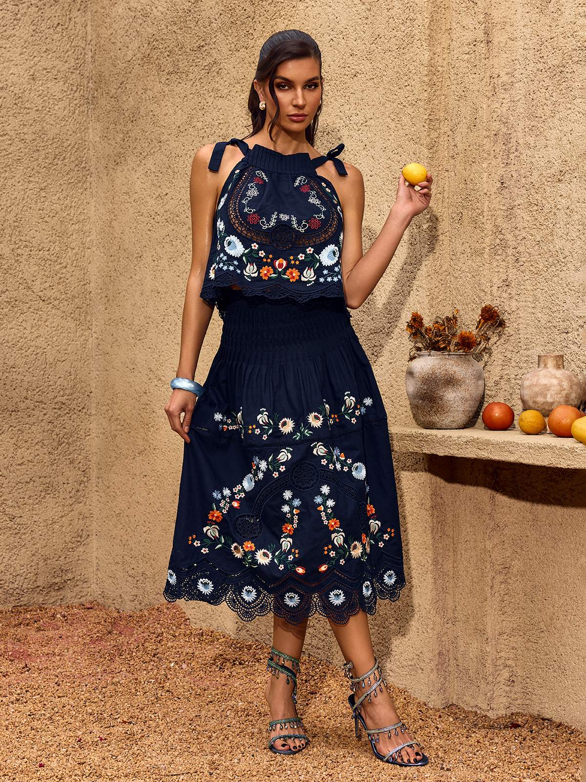Chelle Embroidered Ruched Skirt Set