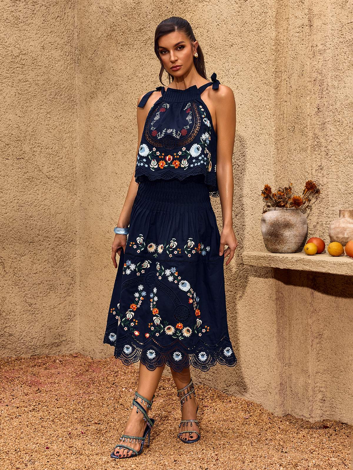 Chelle Embroidered Ruched Skirt Set
