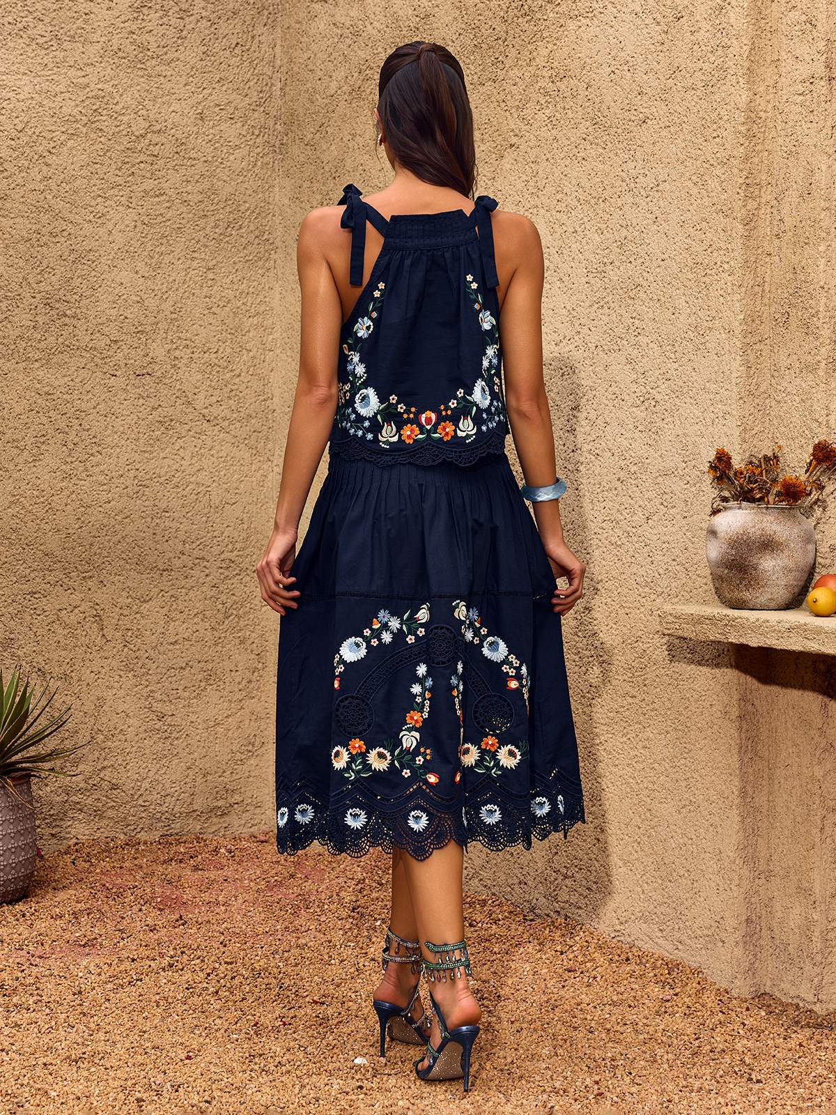 Chelle Embroidered Ruched Skirt Set