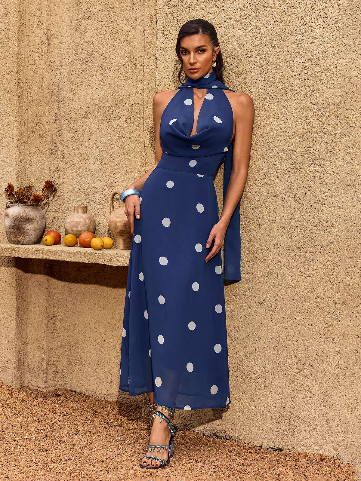 Chelo Cowl Neck Dot Maxi Dress