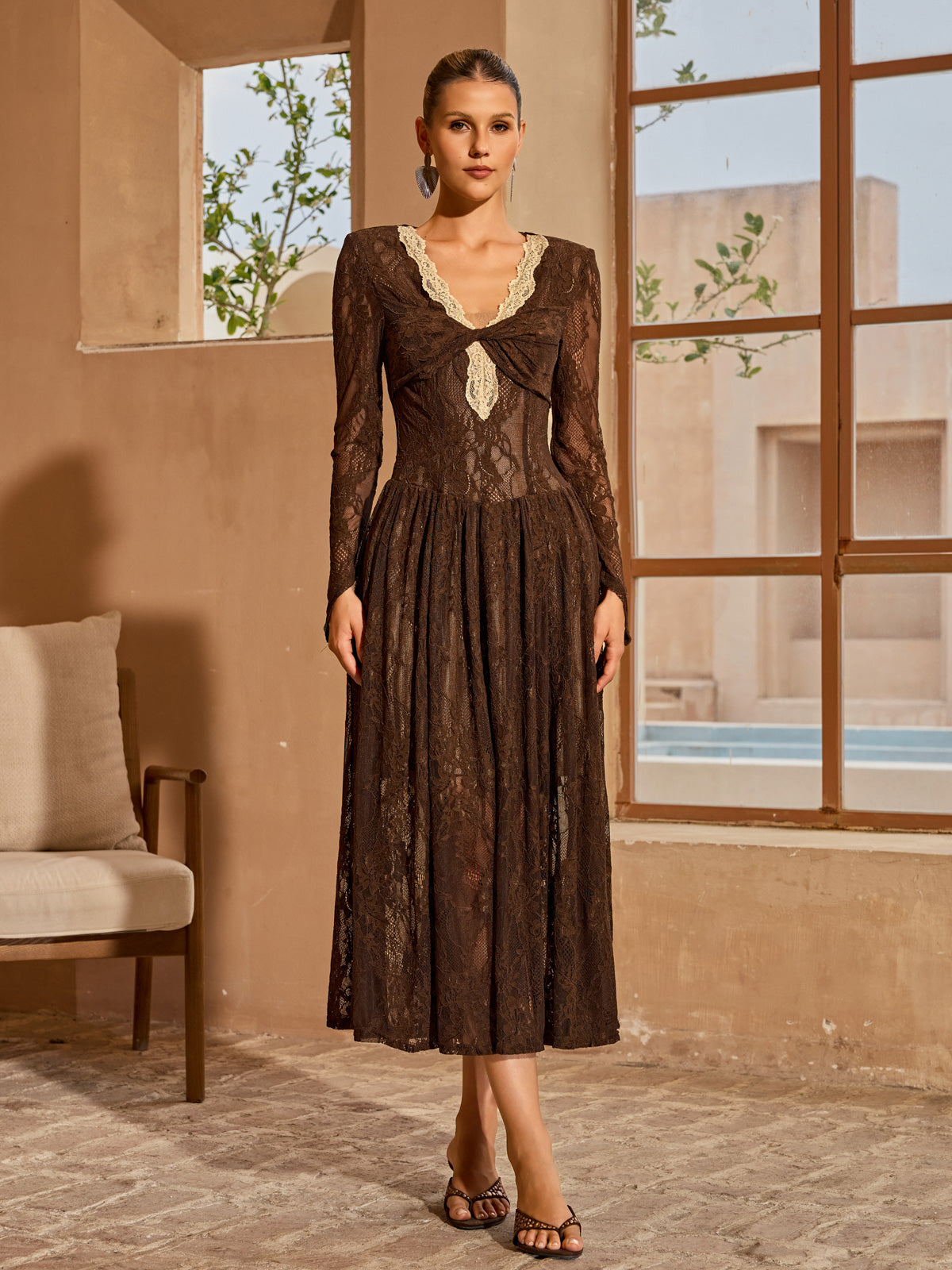 Cherida V Neck Lace Midi Dress